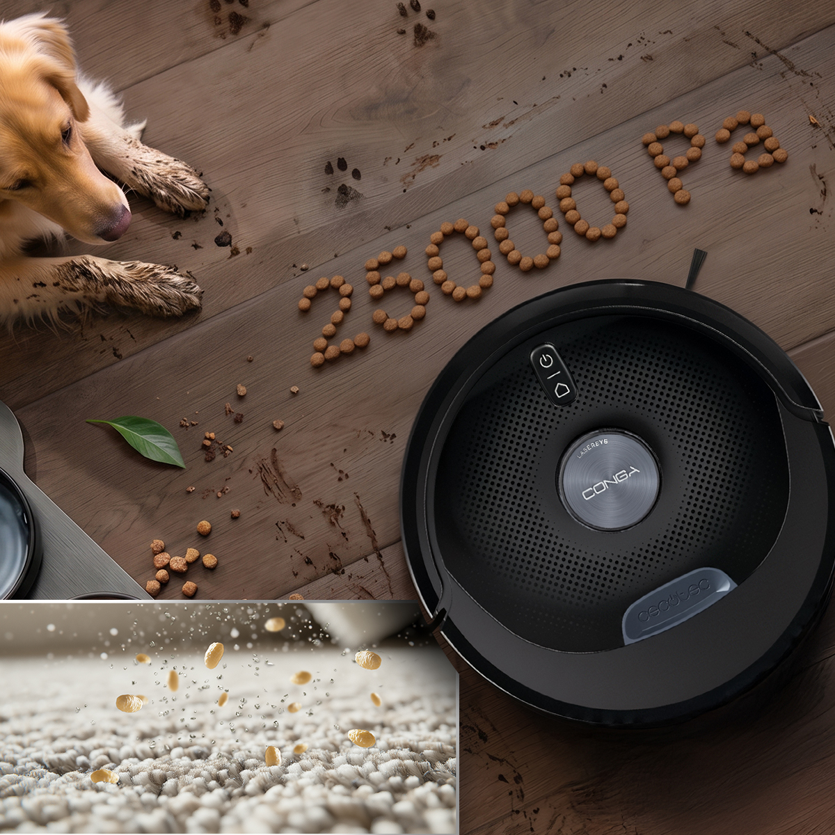 Un robot aspirapolvere nero su pavimento in legno con un cane infangato e crocchette che formano 25000 Pa, con dettaglio tappeto.