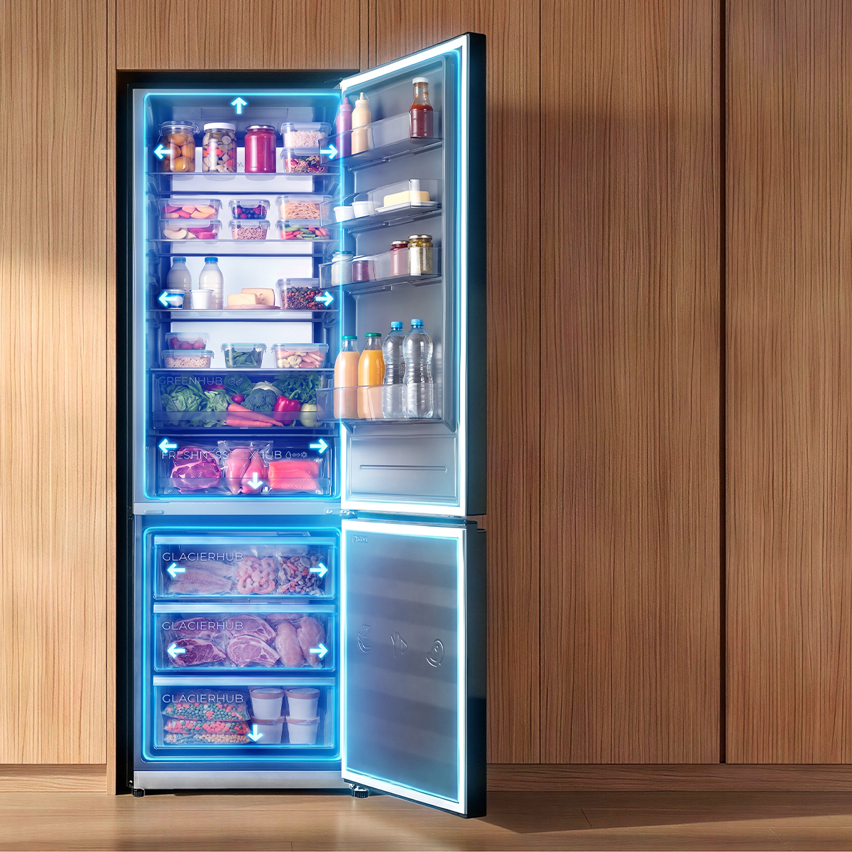 Un refrigerador abierto con iluminación azul, lleno de comida, empotrado en muebles de madera.