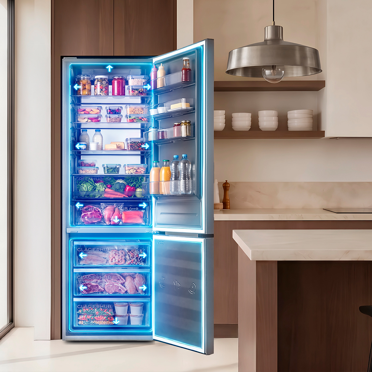 Un refrigerador abierto en una cocina moderna con iluminación azul, lleno de alimentos.