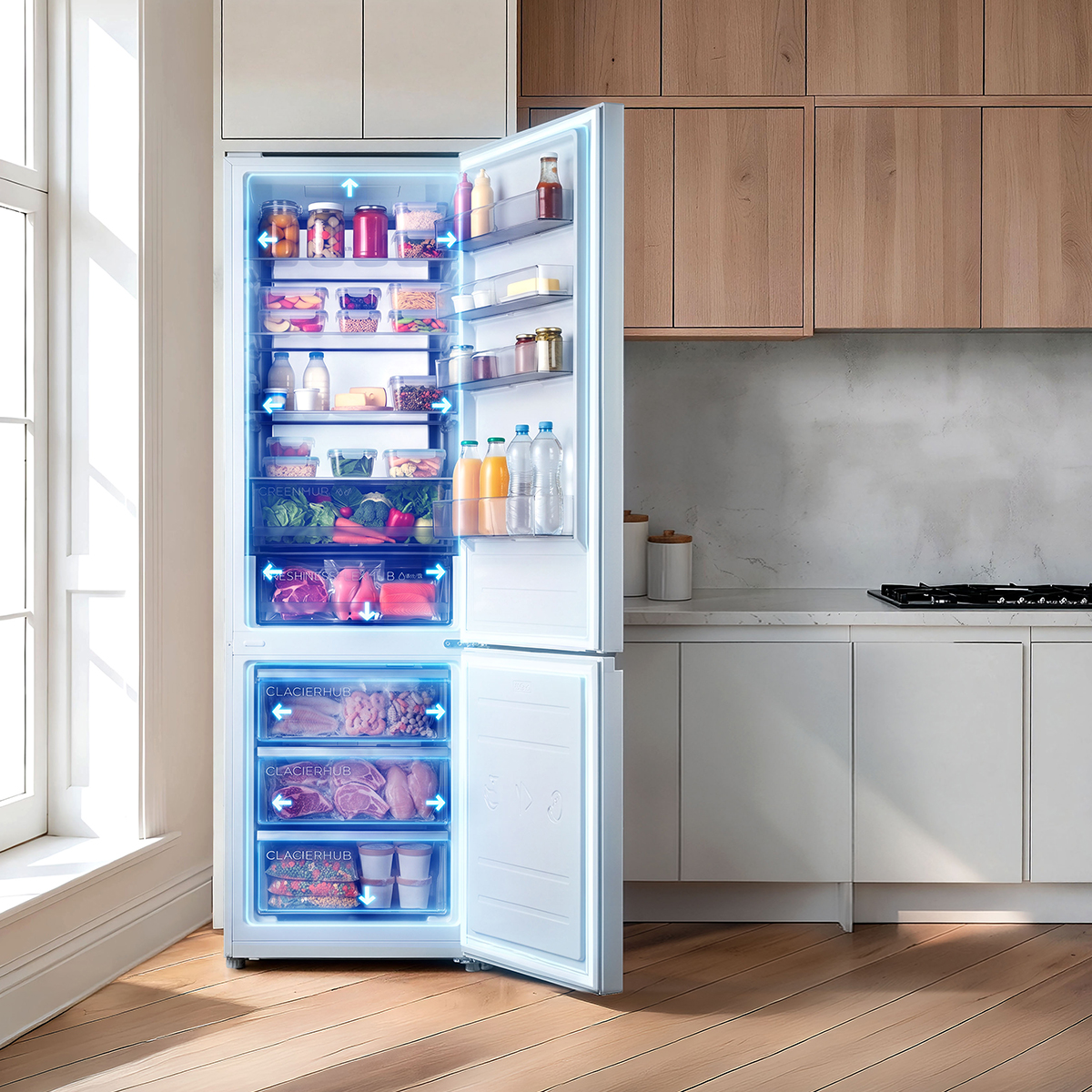 Un refrigerador abierto e iluminado lleno de comida en una cocina moderna con gabinetes de madera.