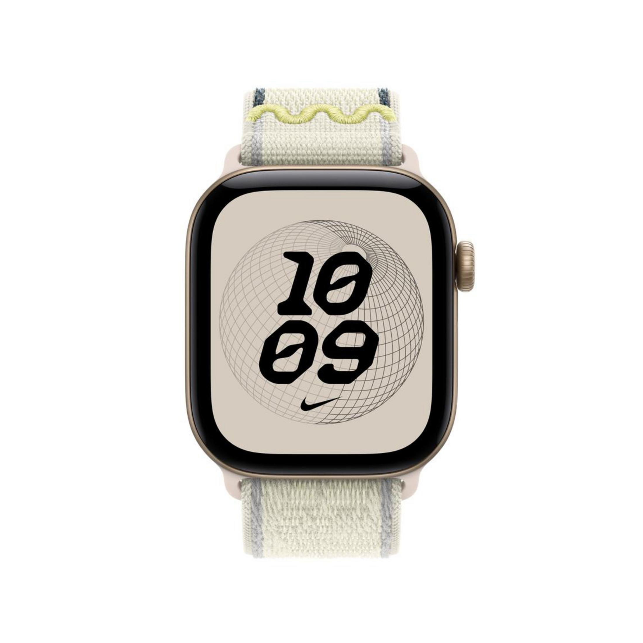Goldfarbene Smartwatch mit hellem Stoffarmband und digitaler Anzeige, die 10:09 zeigt.