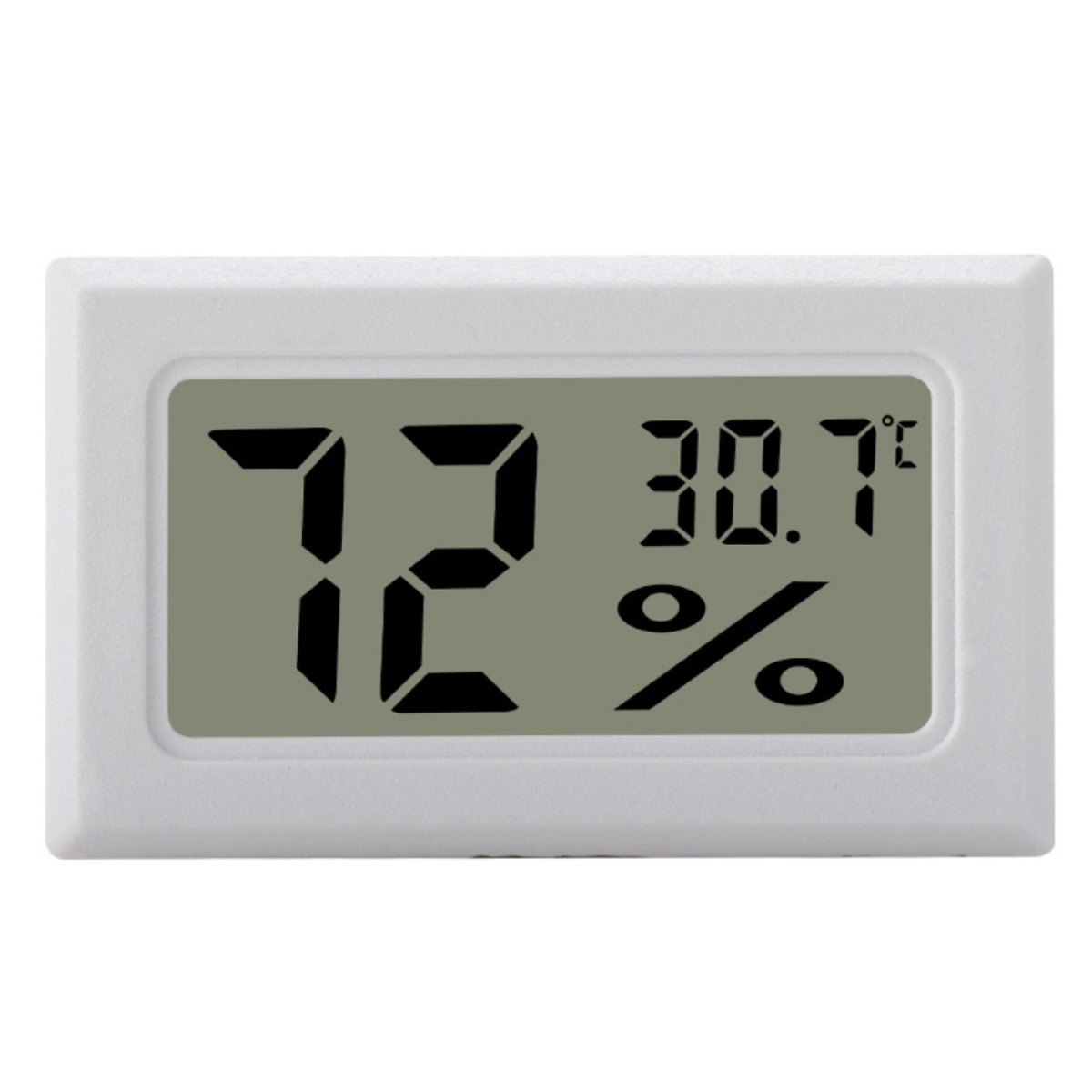 Ein weißes digitales Hygrometer zeigt 72 Prozent Feuchtigkeit und 30,7 Grad Celsius an.