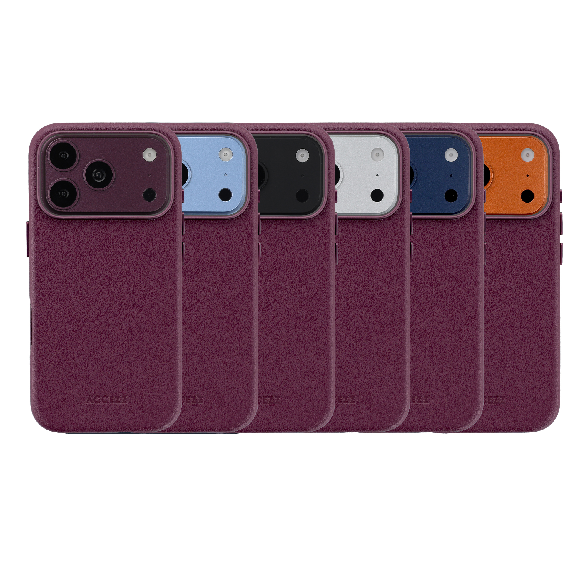 Six étuis de téléphone violet alignés avec des modules de caméra de différentes couleurs.
