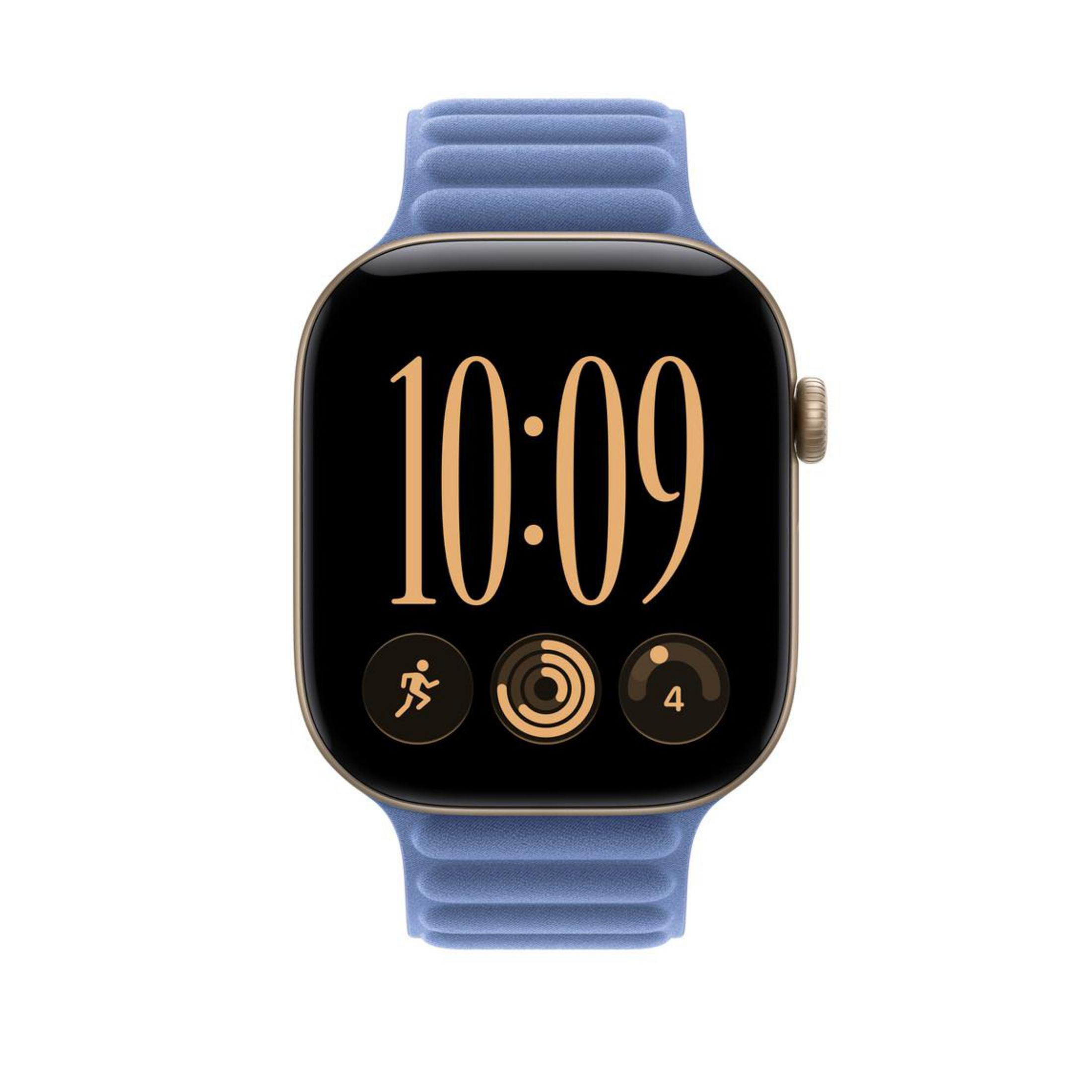 Smartwatch dorato con cinturino blu a coste e display nero che mostra le 10:09.
