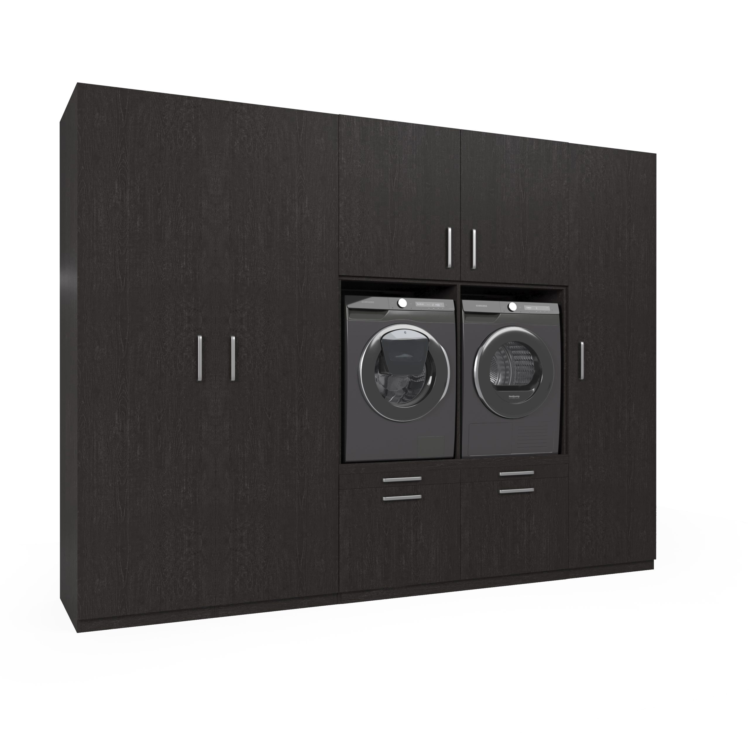 Dunkelbrauner Wandschrank mit integrierter Waschmaschine und Trockner in der Mitte.