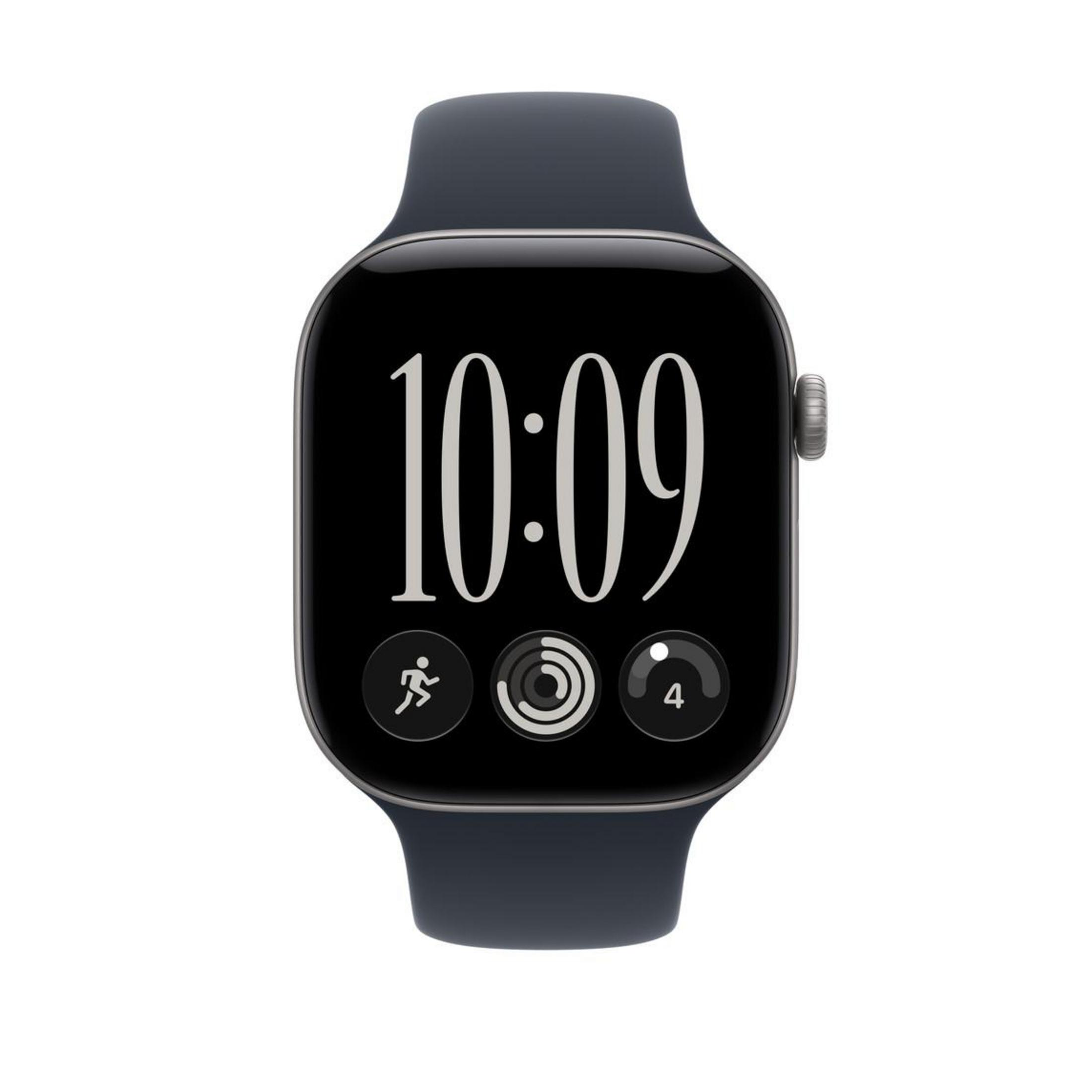 Un reloj inteligente negro con correa azul oscura muestra la hora 10:09 y tres iconos de aplicaciones.