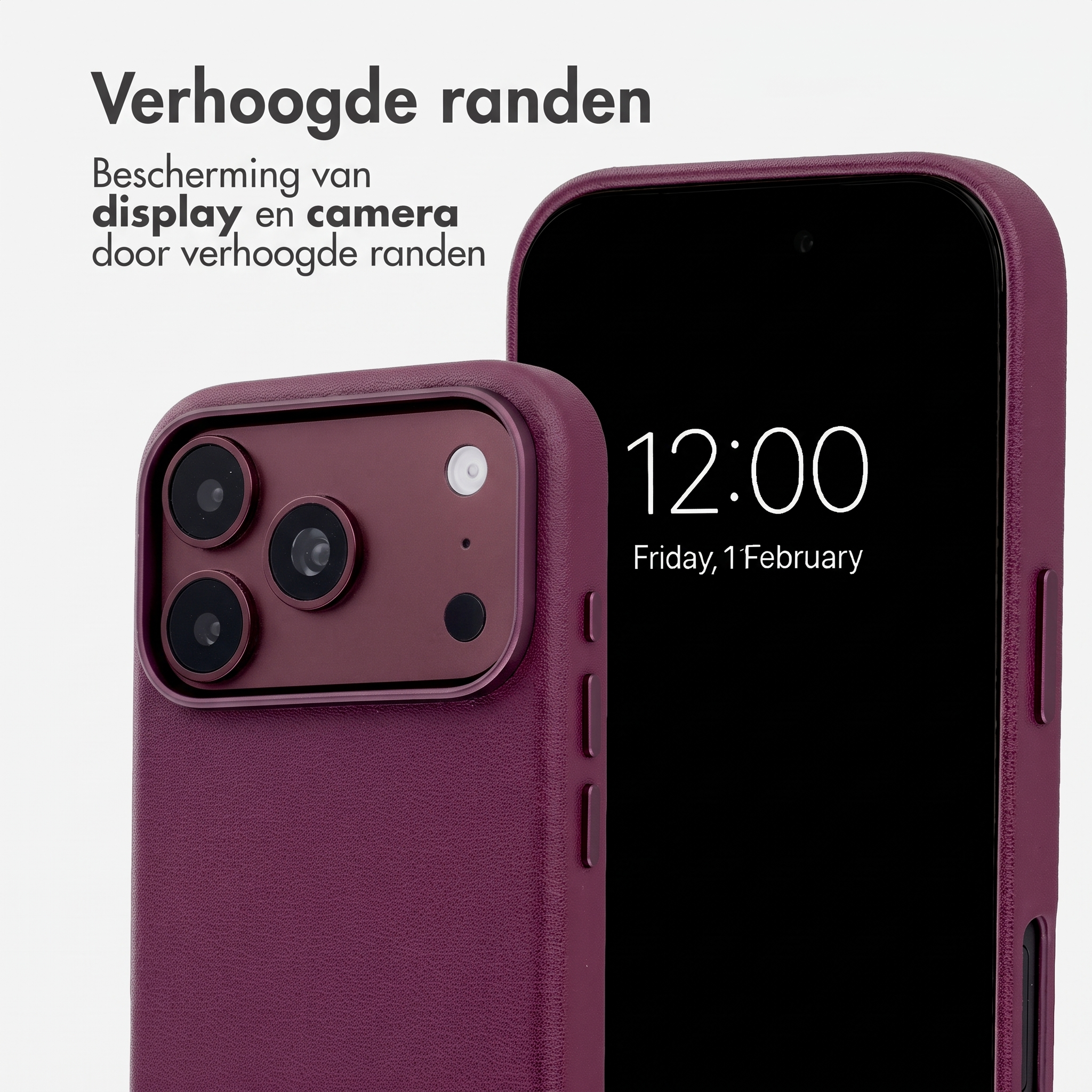 Coque violette montrant des bords surélevés pour protéger l'écran et la caméra, avec du texte.