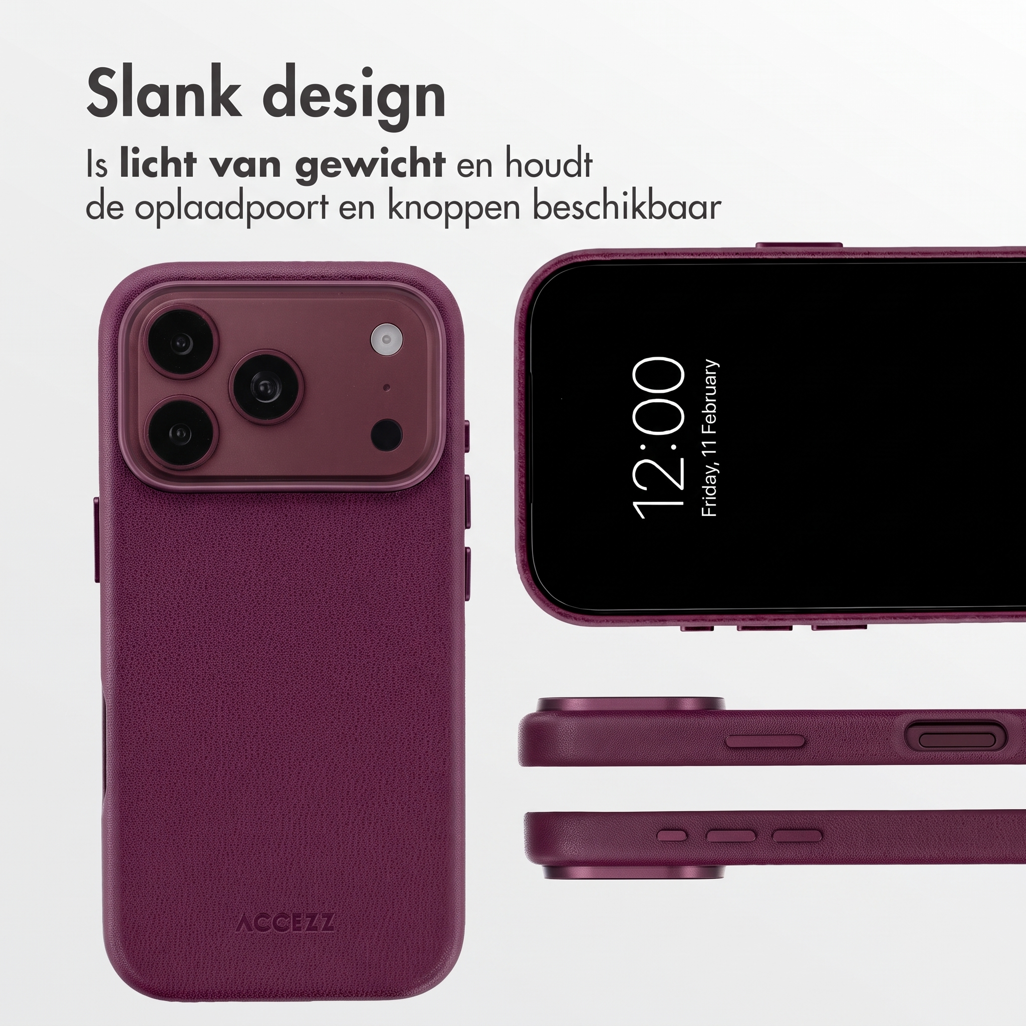 Smartphone rouge foncé à texture de cuir présenté sous plusieurs angles avec du texte.