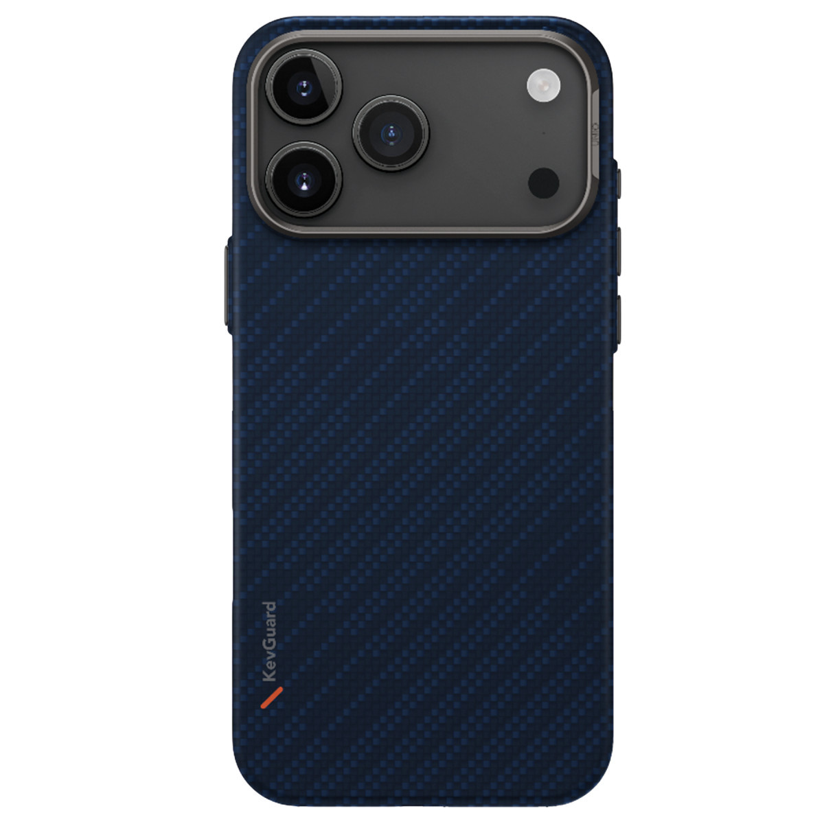 Karbon fiber desenli mavi akıllı telefon arkası, üstte büyük kamera modülü ve KevGuard yazısı.