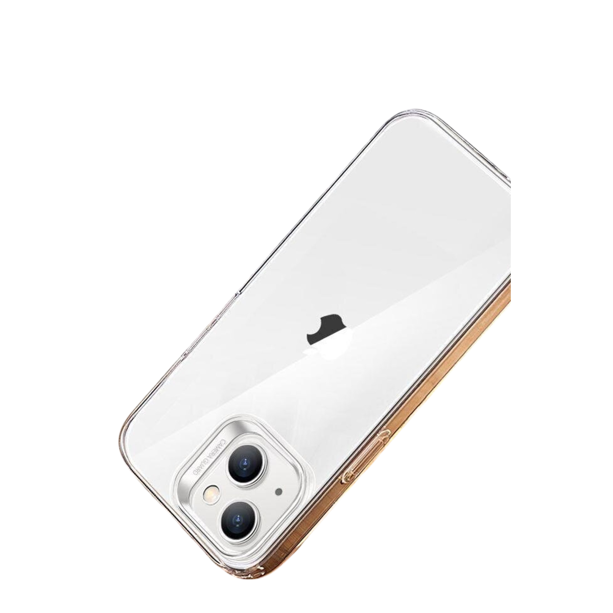 Siyah arka planda, çift kameralı ve Apple logolu şeffaf koruyucu kılıf içindeki akıllı telefon.