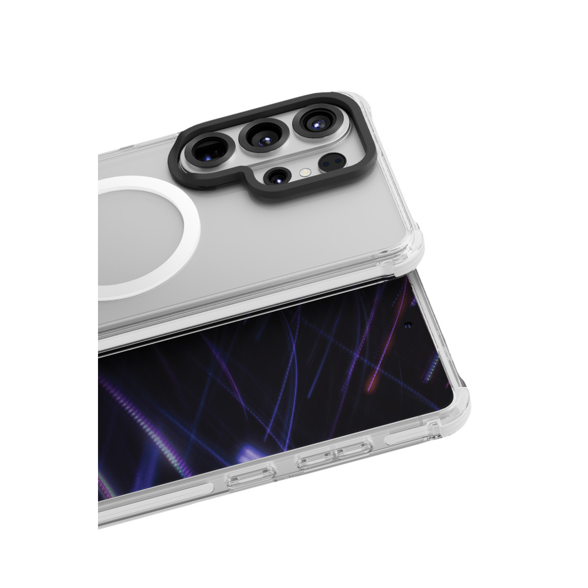 Beyaz arka planda siyah kamera çerçeveli ve MagSafe halkalı şeffaf kılıf içinde akıllı telefon.