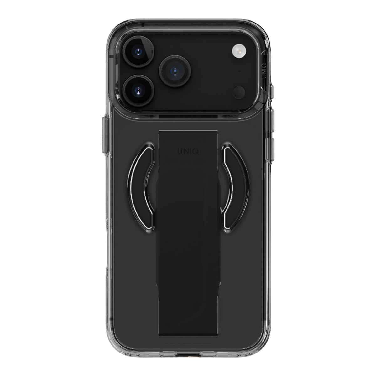 Kamera modüllü ve arkasında dikey standı olan şeffaf kılıflı siyah akıllı telefon.