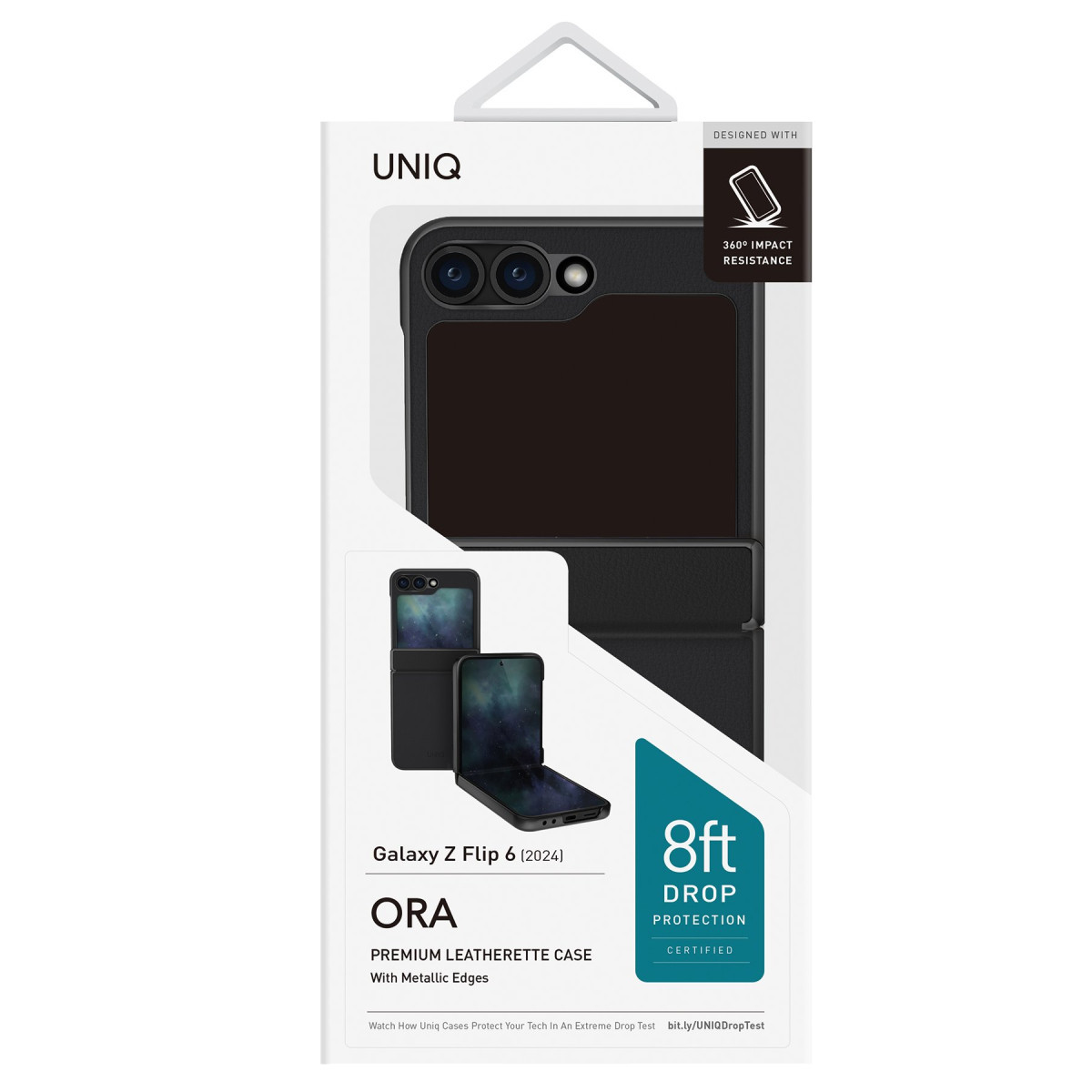 Uniq Ora Galaxy Z Flip 6 suni deri kılıf ambalajı, 2.4m düşme koruması ve metal kenarlarla.