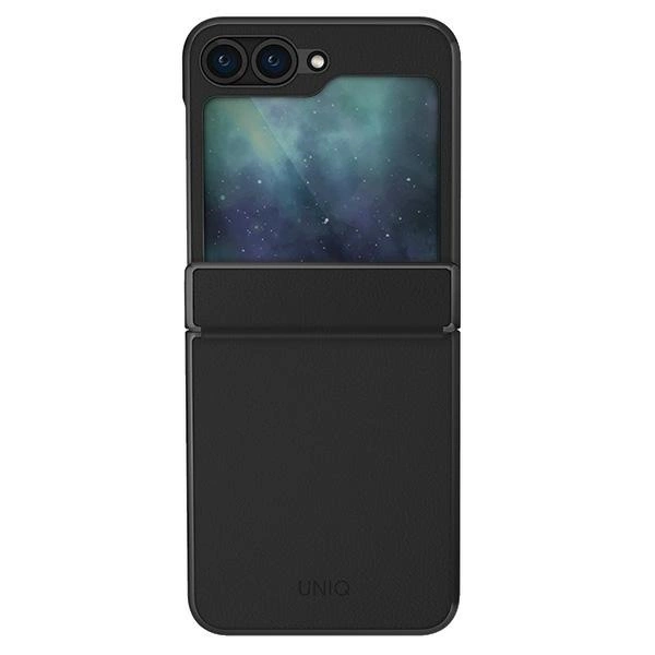 Çift kameralı ve galaktik ekran arka planına sahip siyah katlanır telefon kılıfı.