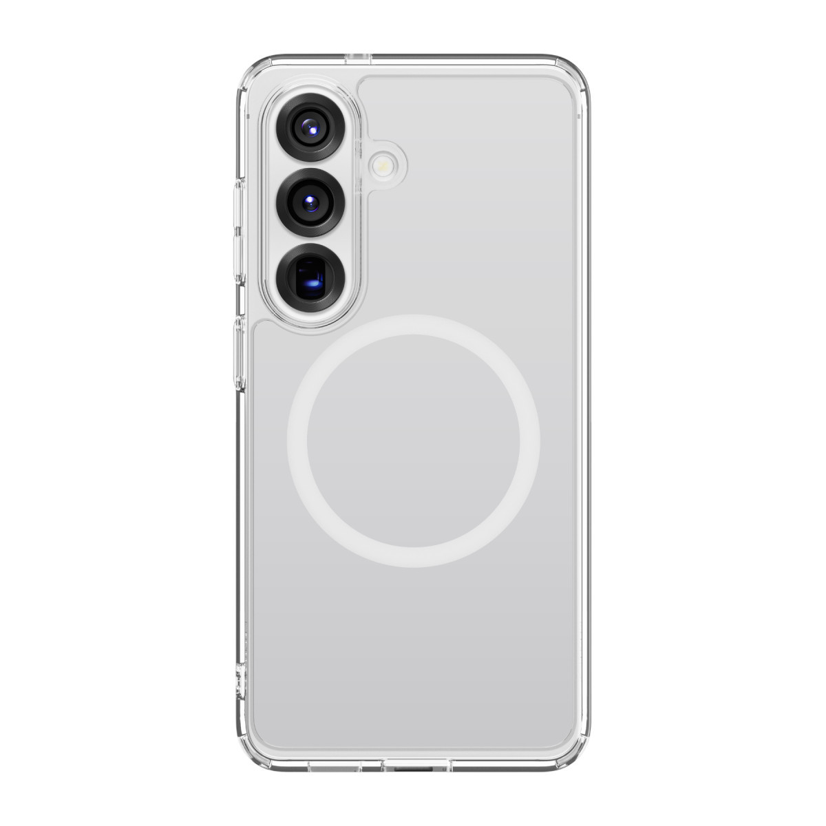 Arkada üç dikey kamera lensi ve dairesel manyetik şarj halkası bulunan şeffaf telefon kılıfı.