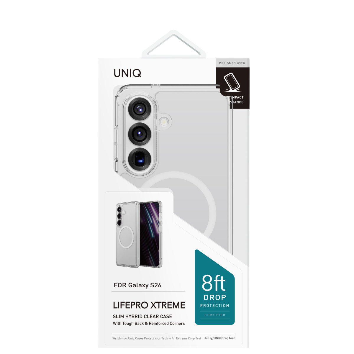 Galaxy S26 için UNIQ Lifepro Xtreme şeffaf kılıfın düşme korumalı ambalajı.