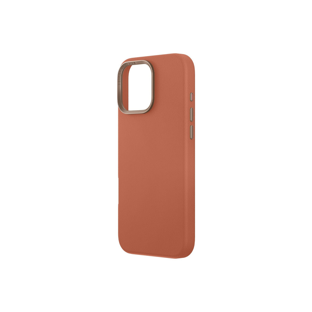 Metal kamera çerçeveli ve yan düğmeli kırmızı deri telefon kılıfı.