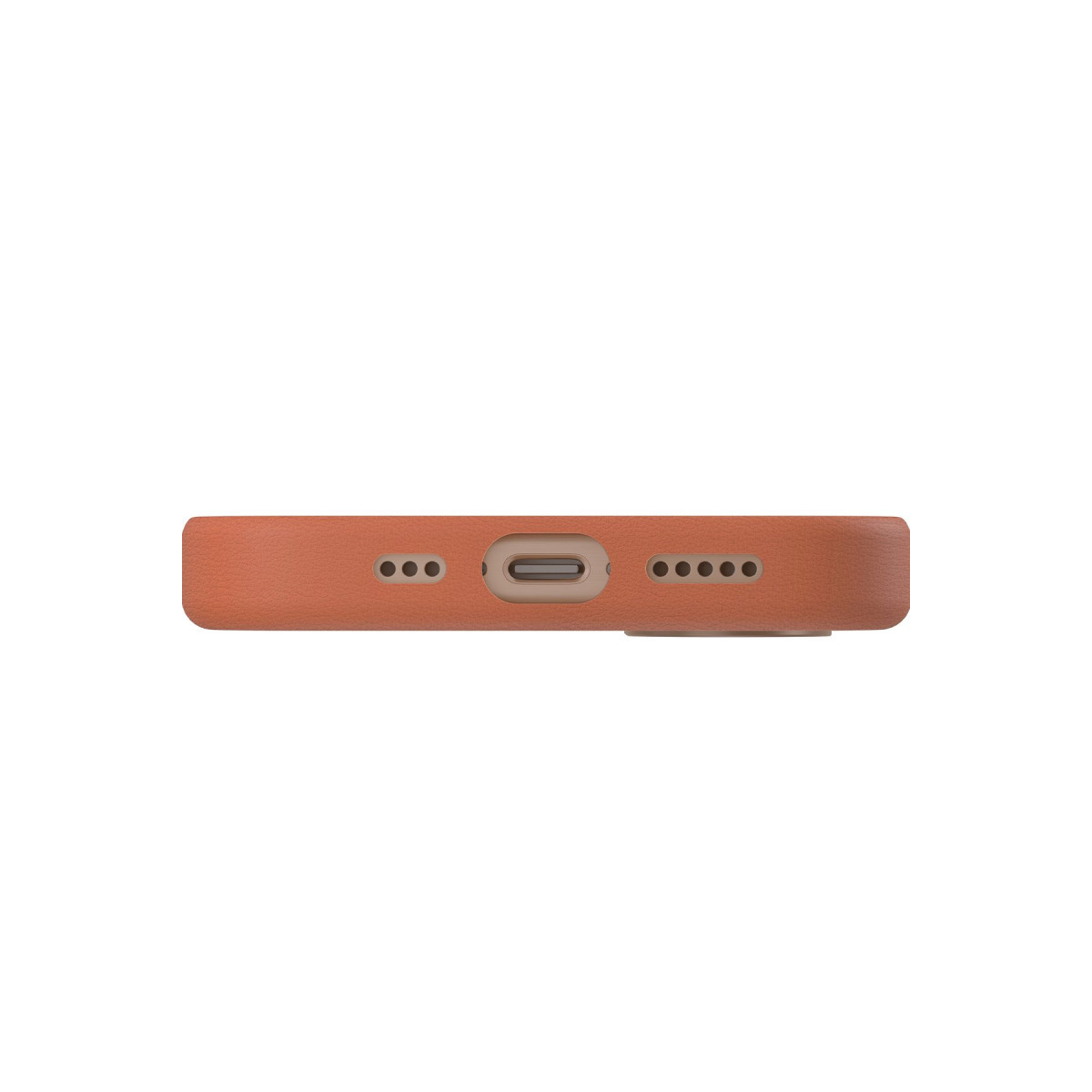 Beyaz arka plan üzerinde USB-C bağlantı noktası ve hoparlör ızgaraları olan kahverengi deri telefon kılıfının alt görünümü.