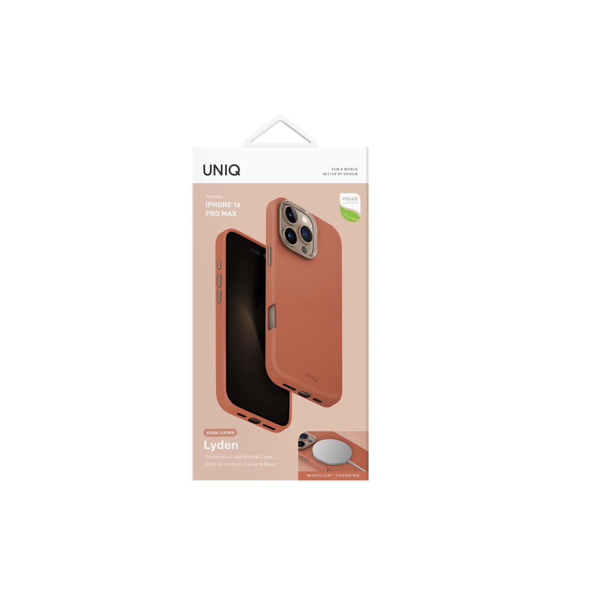 iPhone 16 Pro Max için kahverengi Uniq Lyden vegan deri koruyucu kılıf ambalajı.
