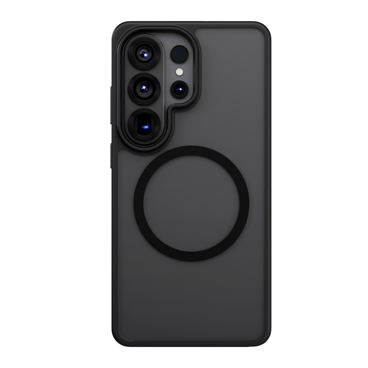 Kamera kesikli ve arka tarafında entegre dairesel mıknatısa sahip mat siyah akıllı telefon kılıfı.