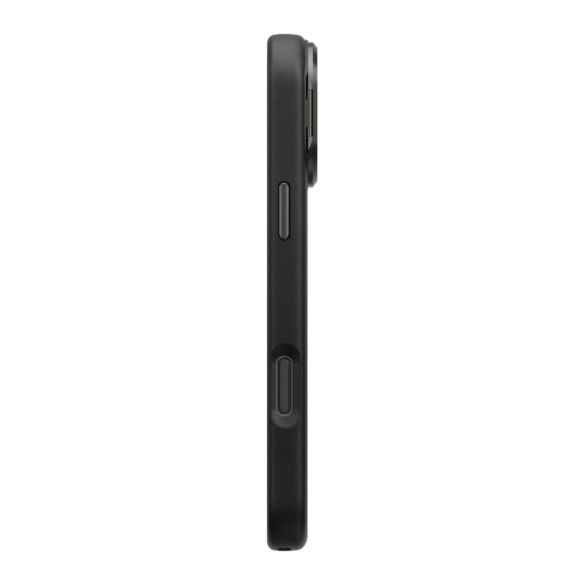 Fiziksel tuşlara ve kamera çıkıntısına sahip siyah koruyucu telefon kılıfının yan görünümü.