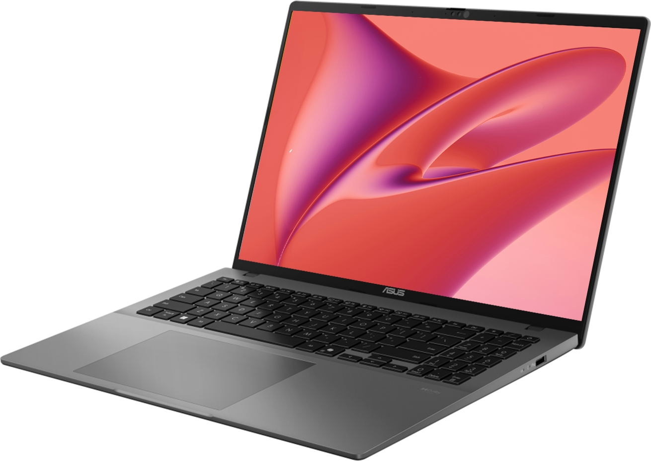 Siyah klavyeli ve pembe-kırmızı soyut bir tasarım gösteren ekrana sahip gri bir ASUS dizüstü bilgisayar.