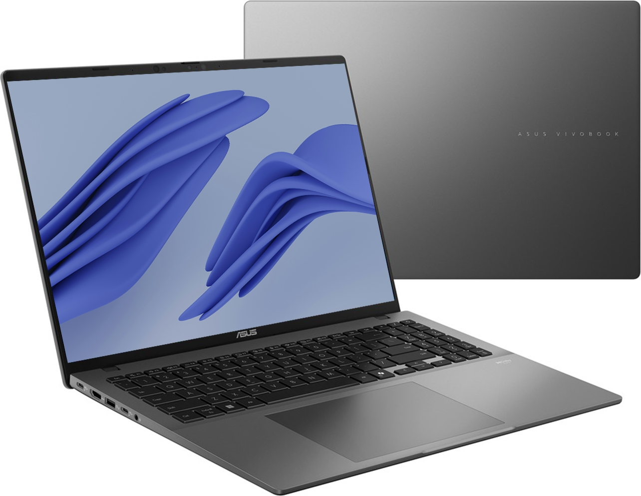 Arka planda kapalı görünümü olan mavi ekranlı gri bir ASUS Vivobook dizüstü bilgisayar.