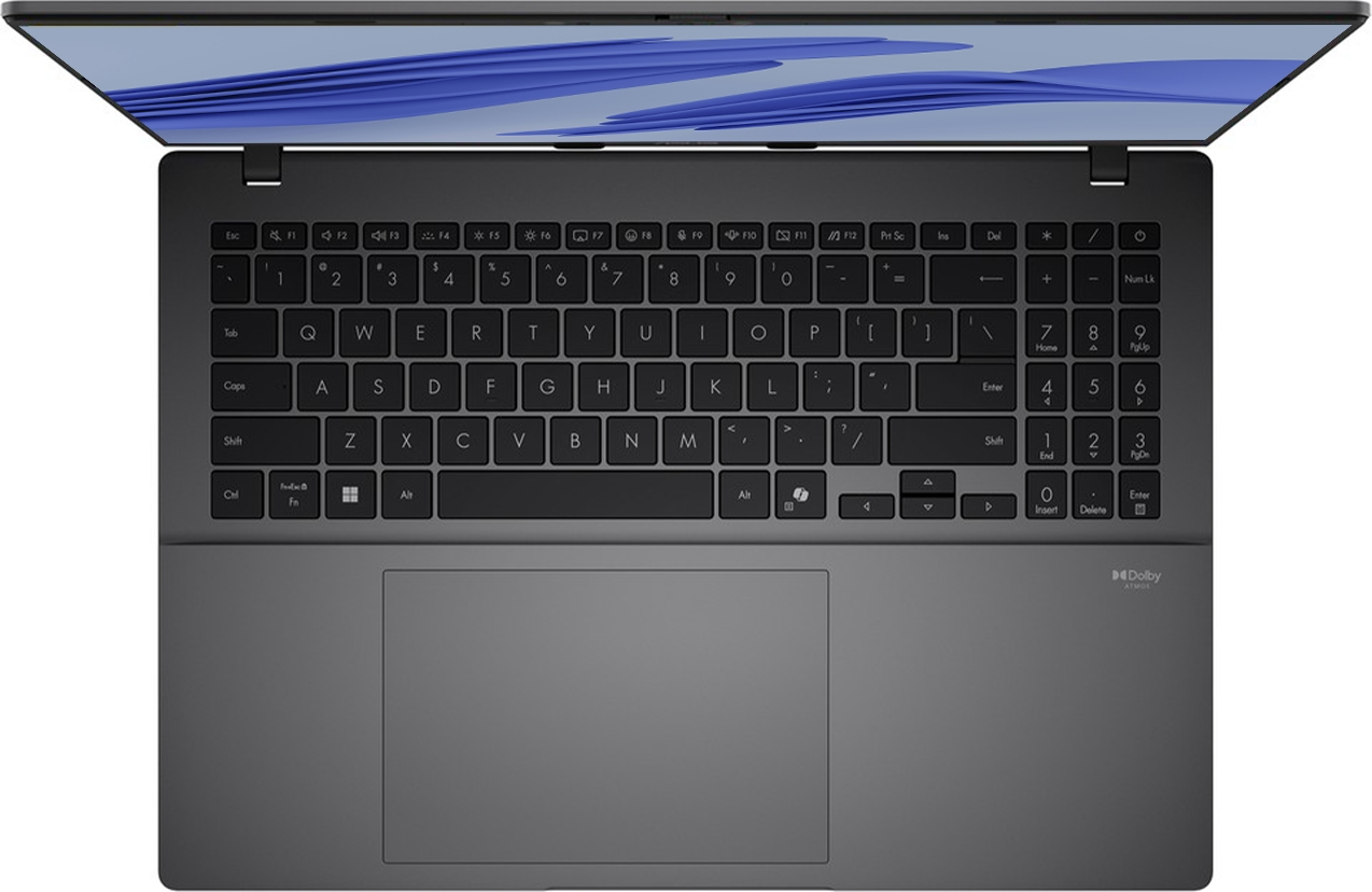 Klavyeli, sayı tuş takımlı, touchpad'li ve açık mavi ekranlı siyah bir dizüstü bilgisayarın üstten görünümü.