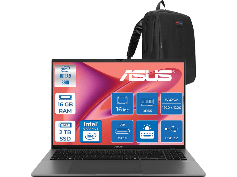 ASUS Vivobook S16 S3607AA WSH103F04 Intel Core Ultra 9 386H 16 GB RAM 2 TB SSD 16 inç FreeDOS Laptop+Çanta Gri