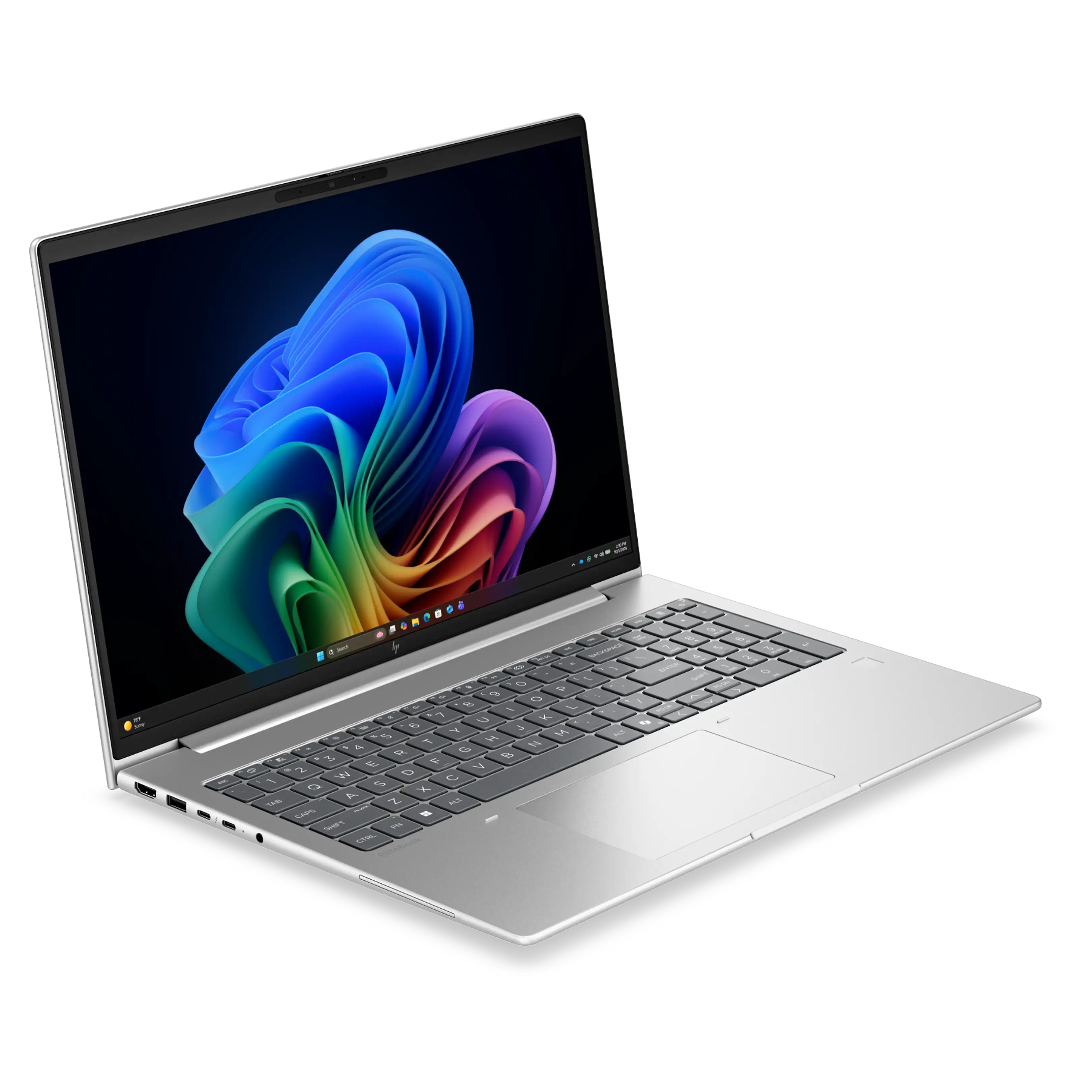 Un computer portatile argentato con tastiera nera e sfondo astratto colorato.
