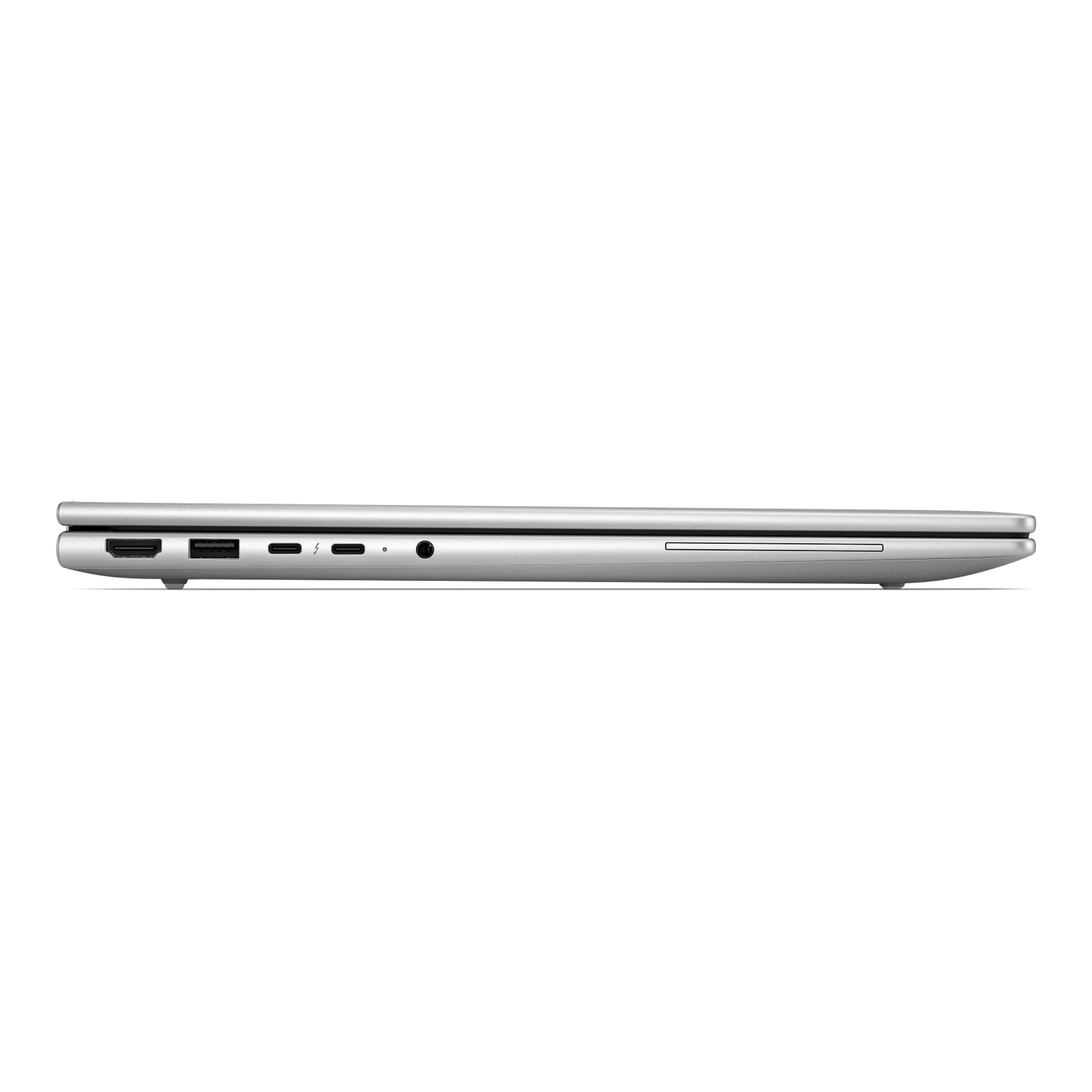 Vista laterale di un laptop argentato con porte HDMI, USB e USB-C su sfondo nero.