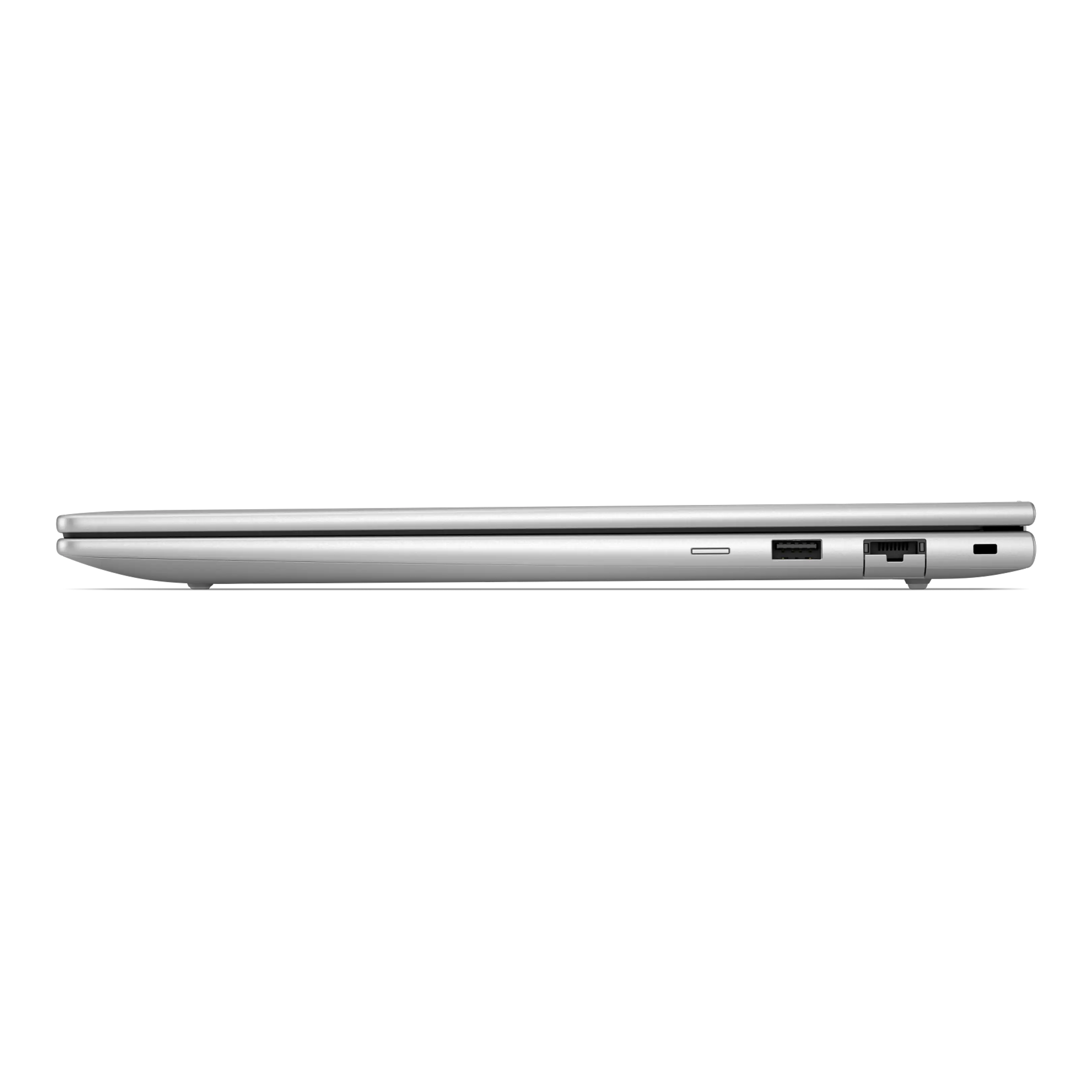 Vista laterale di un laptop argentato chiuso su sfondo nero, con porte visibili.