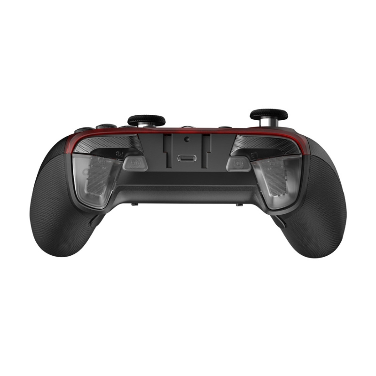 Widok z tyłu czarnego kontrolera Xbox z portem USB-C i teksturowanymi uchwytami.