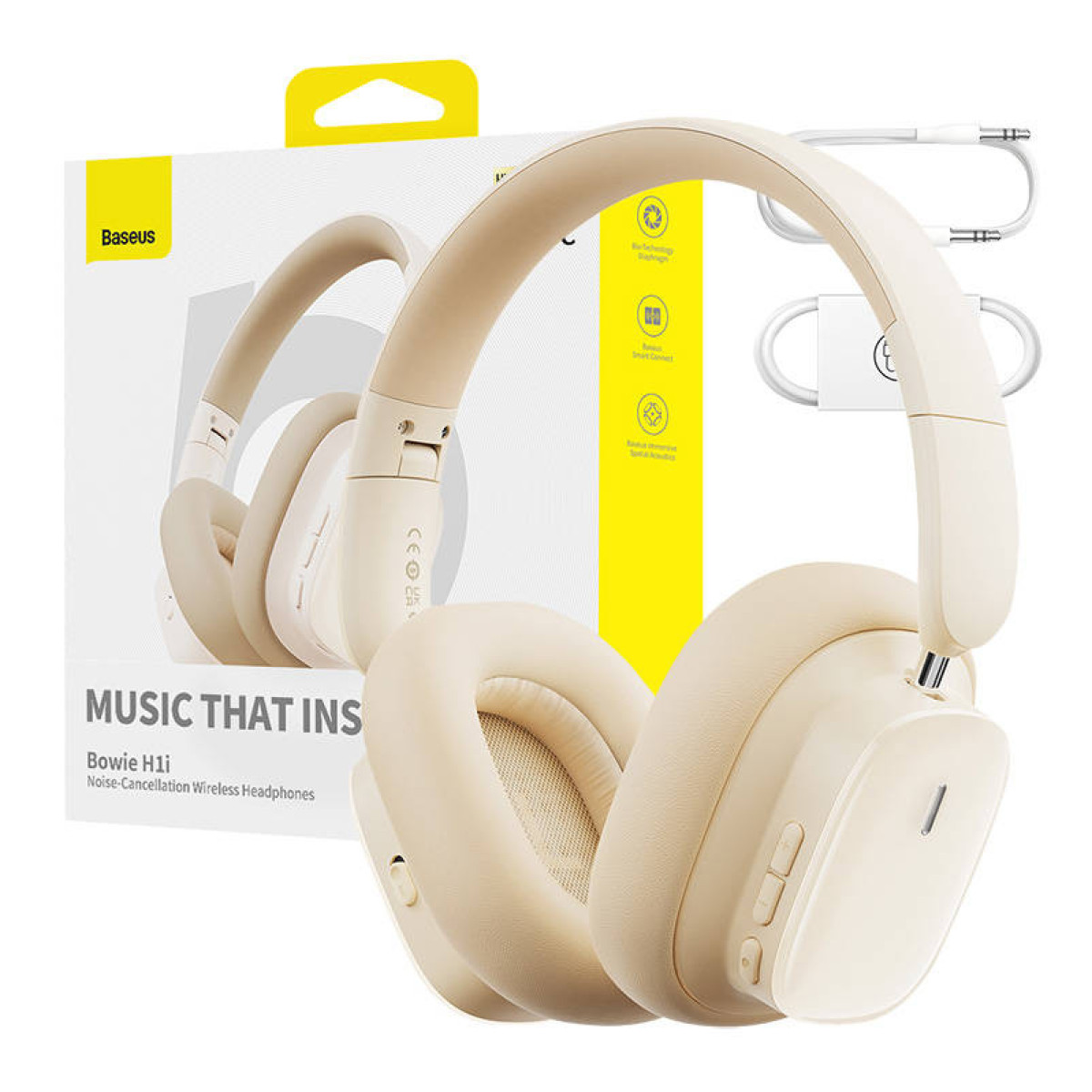Cuffie wireless Baseus Bowie H1i beige davanti alla confezione e ai cavi.