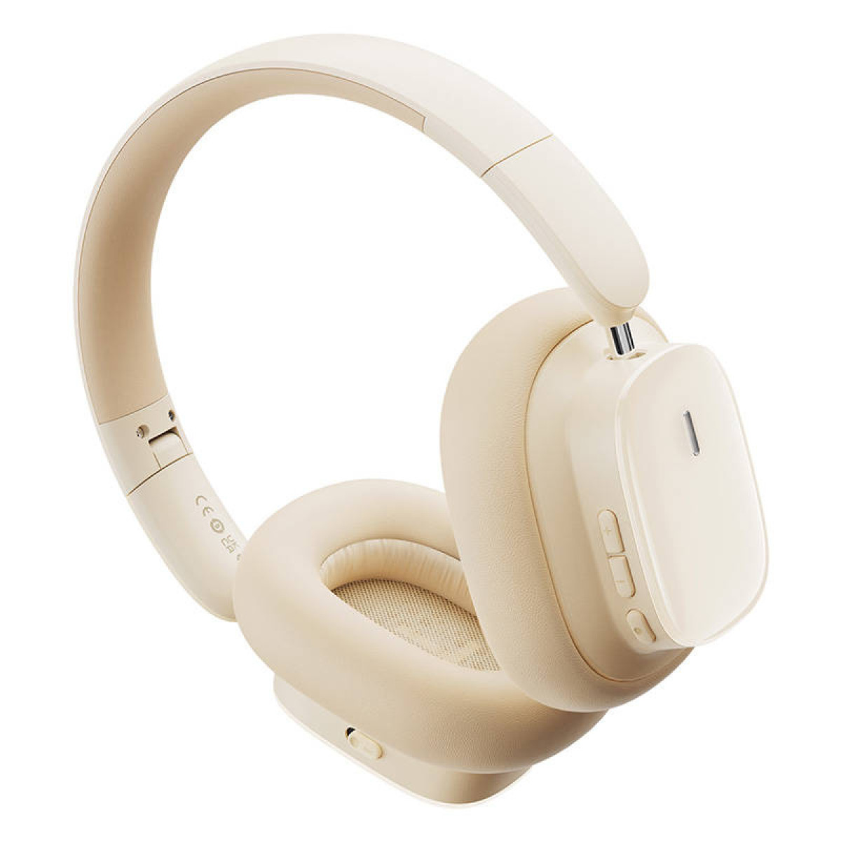 Cuffie wireless over-ear beige con morbidi cuscinetti e pulsanti di controllo laterali su sfondo bianco.