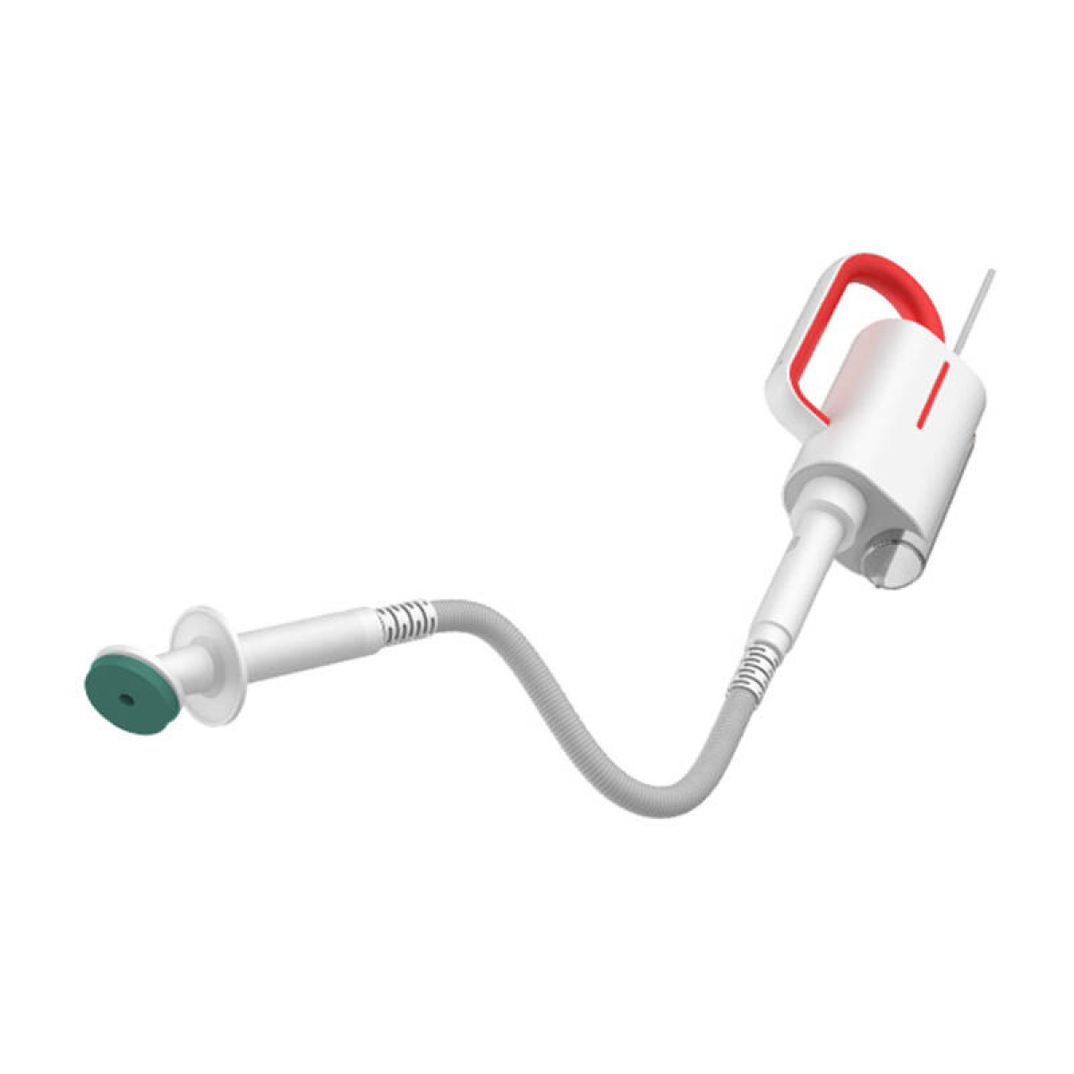 Dispositivo medico portatile con corpo bianco, manico rosso e tubo flessibile grigio con punta verde.