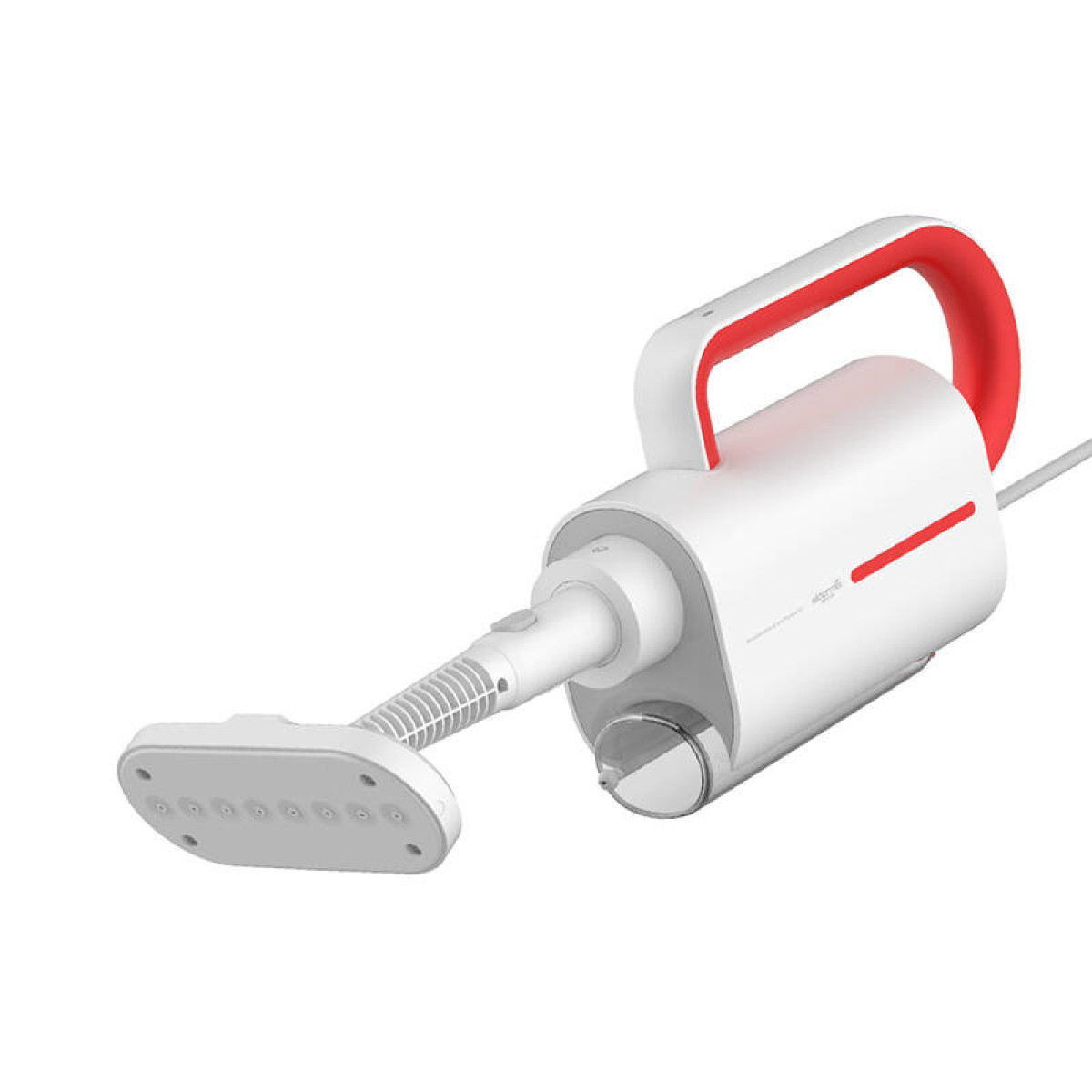 Indumento a vapore portatile bianco e rosso con serbatoio d'acqua e ugello largo su sfondo bianco.