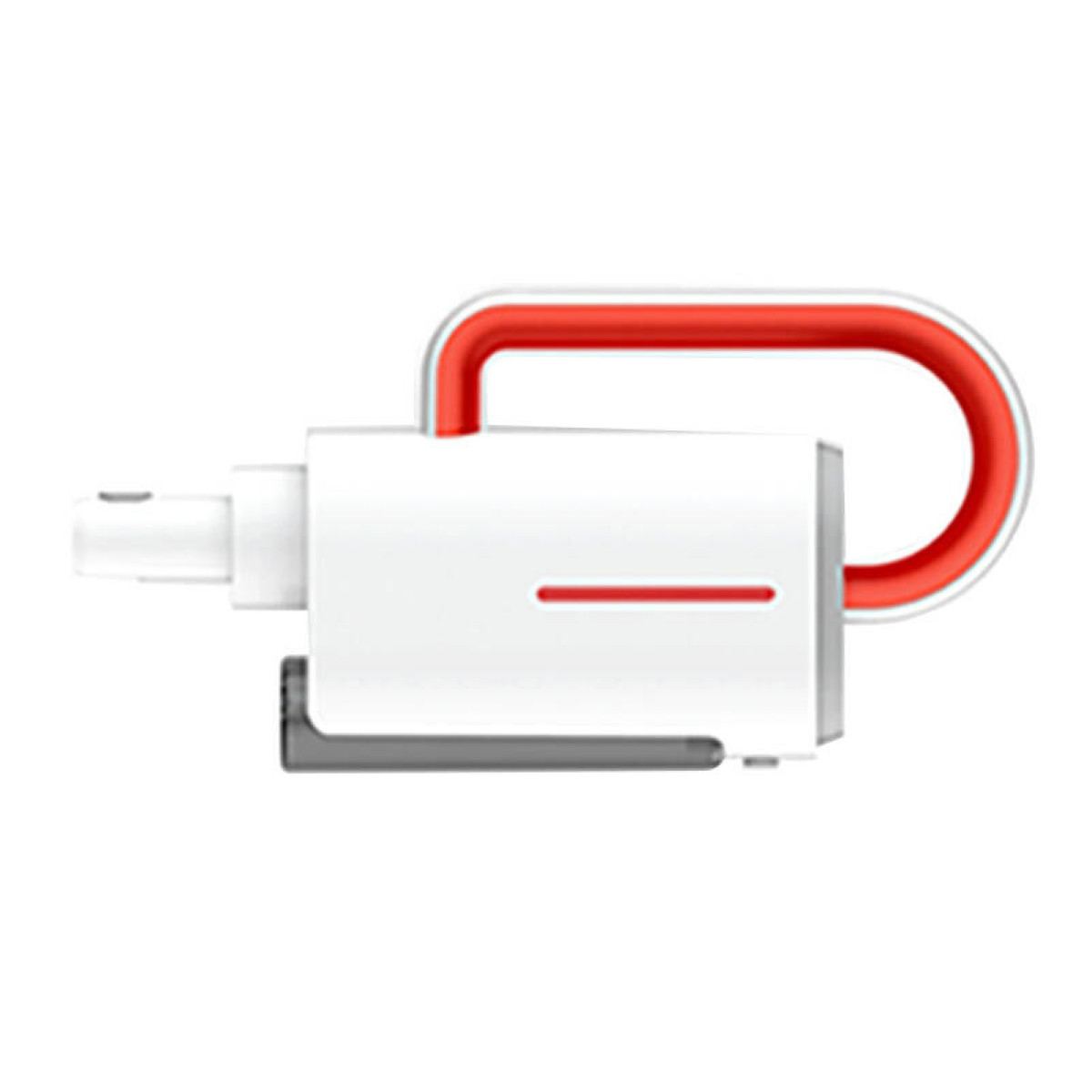 Dispositivo portatile bianco con manico curvo rosso, piccolo ugello a sinistra e contenitore della polvere grigio in basso su sfondo bianco.