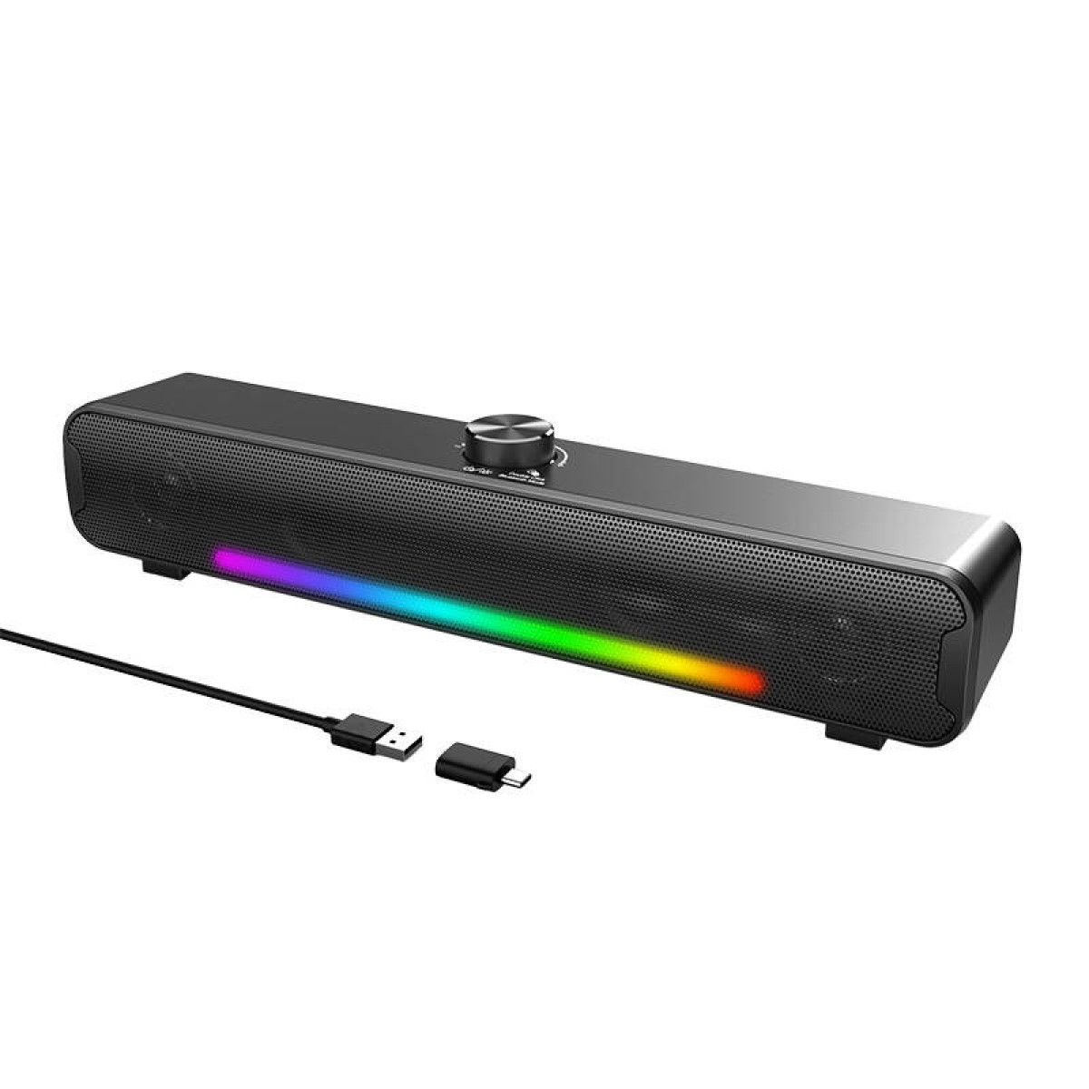 Una soundbar nera con striscia RGB, manopola del volume centrale e un cavo USB collegato.