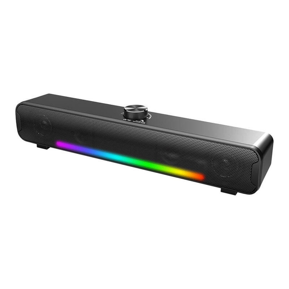 Una soundbar nera con una manopola rotante in alto e una striscia di luce RGB colorata sul davanti su sfondo bianco.