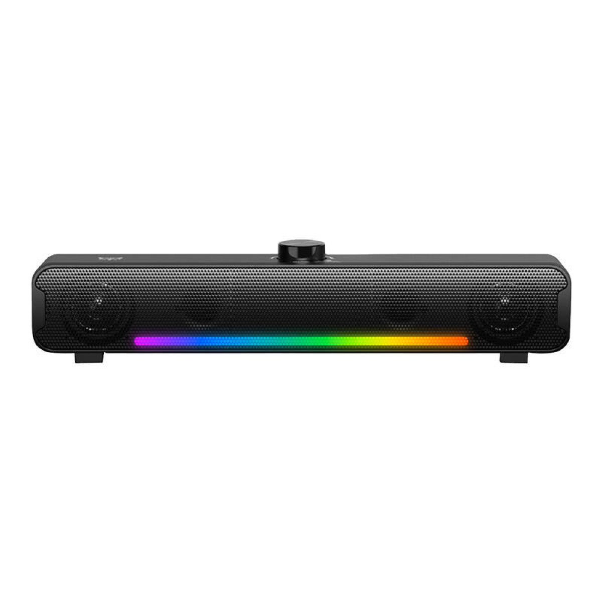 Una soundbar nera per computer con griglia, manopola centrale e striscia luminosa RGB accesa su sfondo bianco.