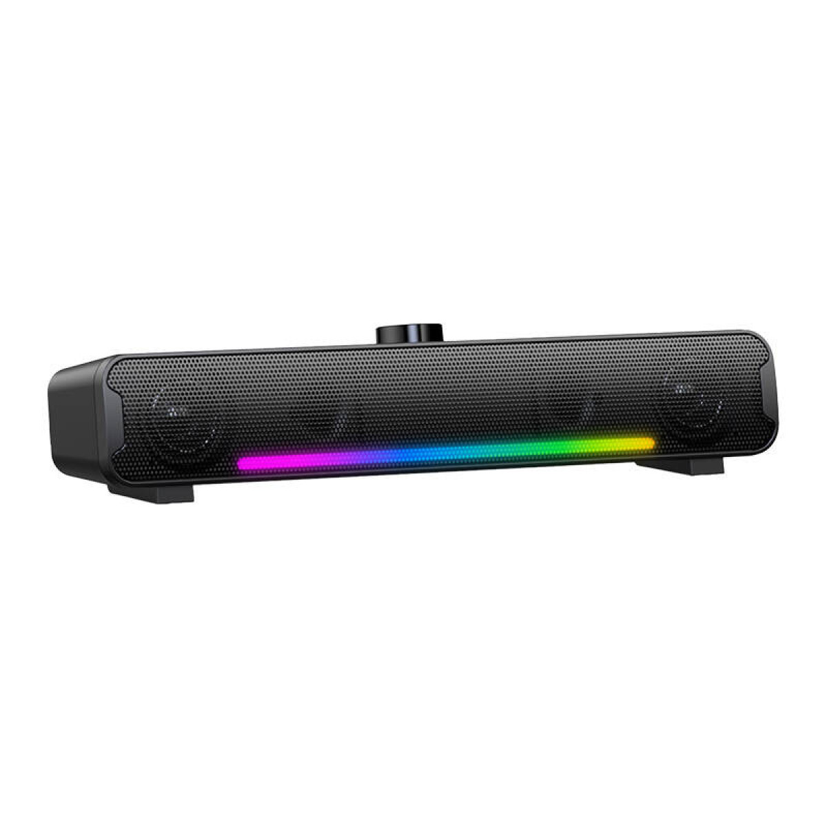 Una soundbar nera per computer con una striscia di luce RGB e una manopola del volume rotonda in alto.