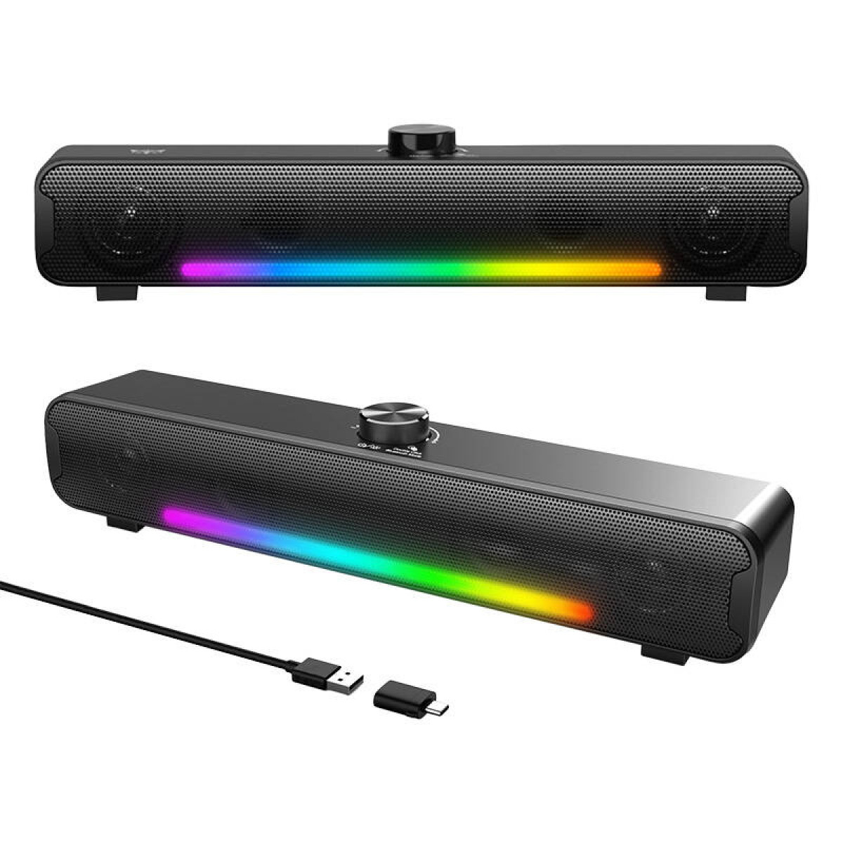 Soundbar per PC nera con illuminazione LED RGB e cavo USB-C.