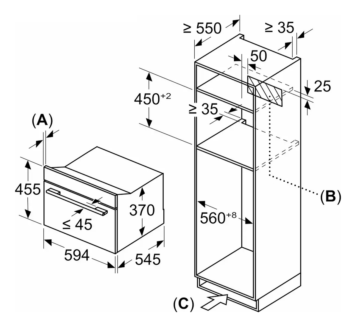 Disegno tecnico che mostra le dimensioni di installazione per un forno e un mobile alto con misure.