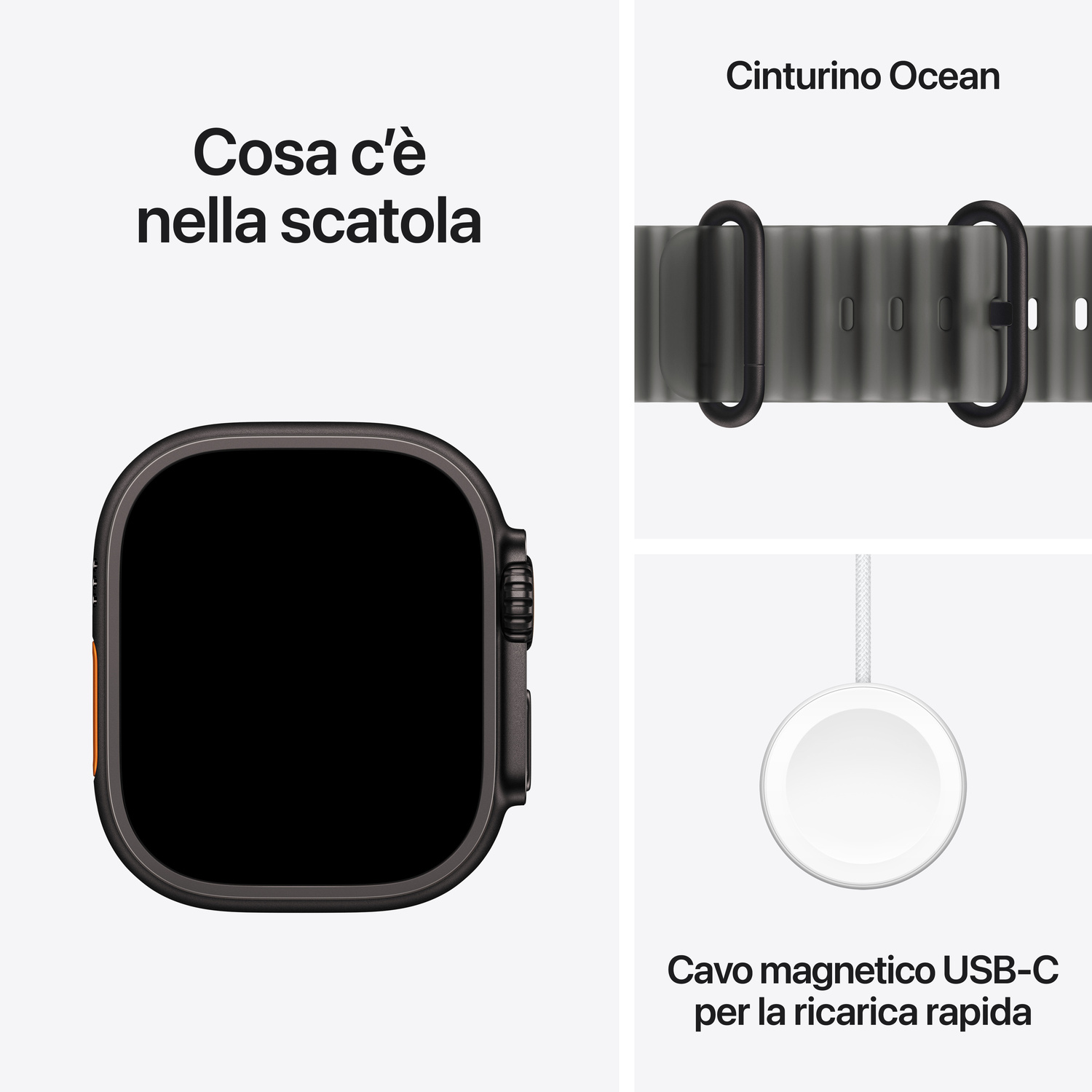 Contenuto della confezione: smartwatch, cinturino e cavo di ricarica USB-C.