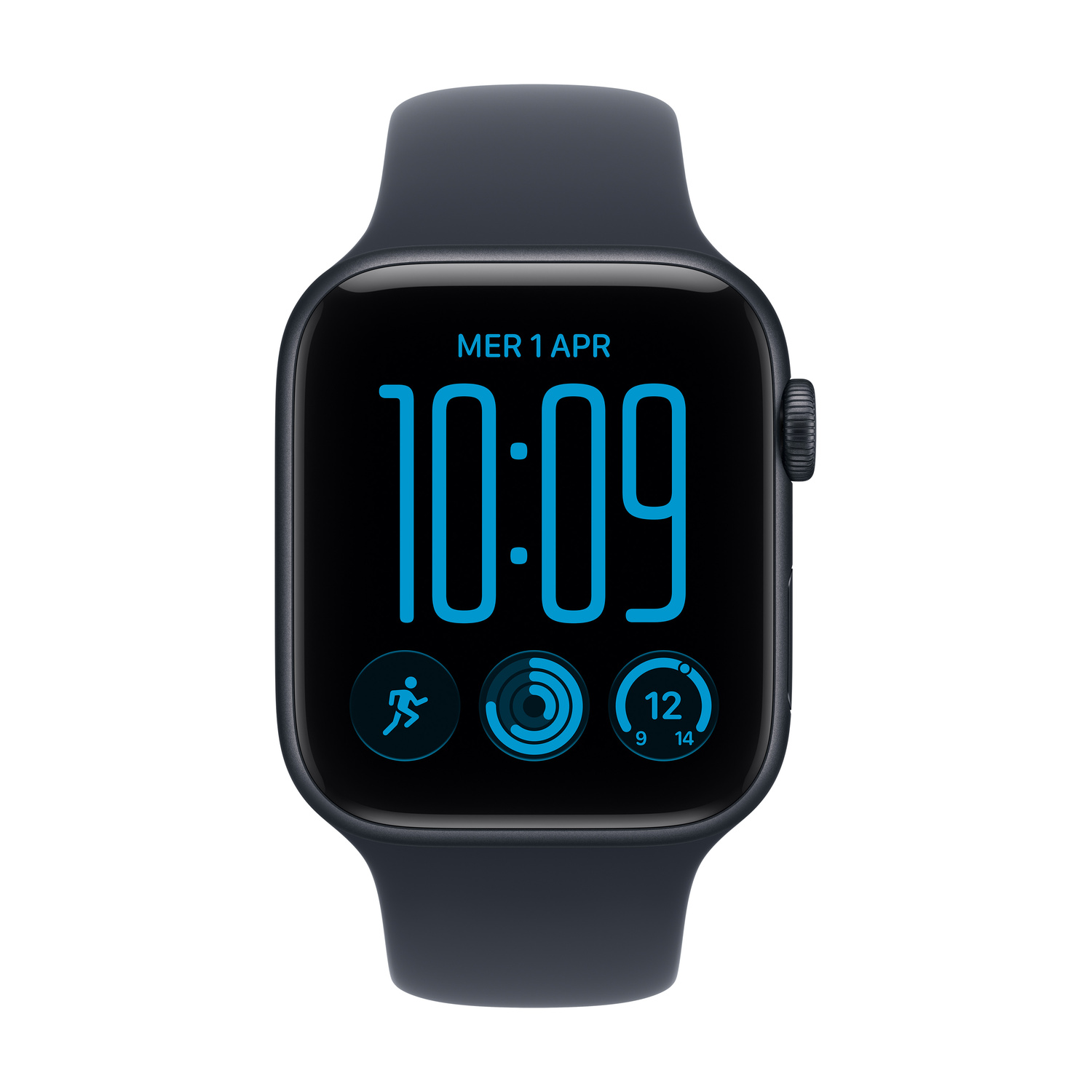 Uno smartwatch nero con display blu mostra le 10:09 e la data Mer 1 Apr.
