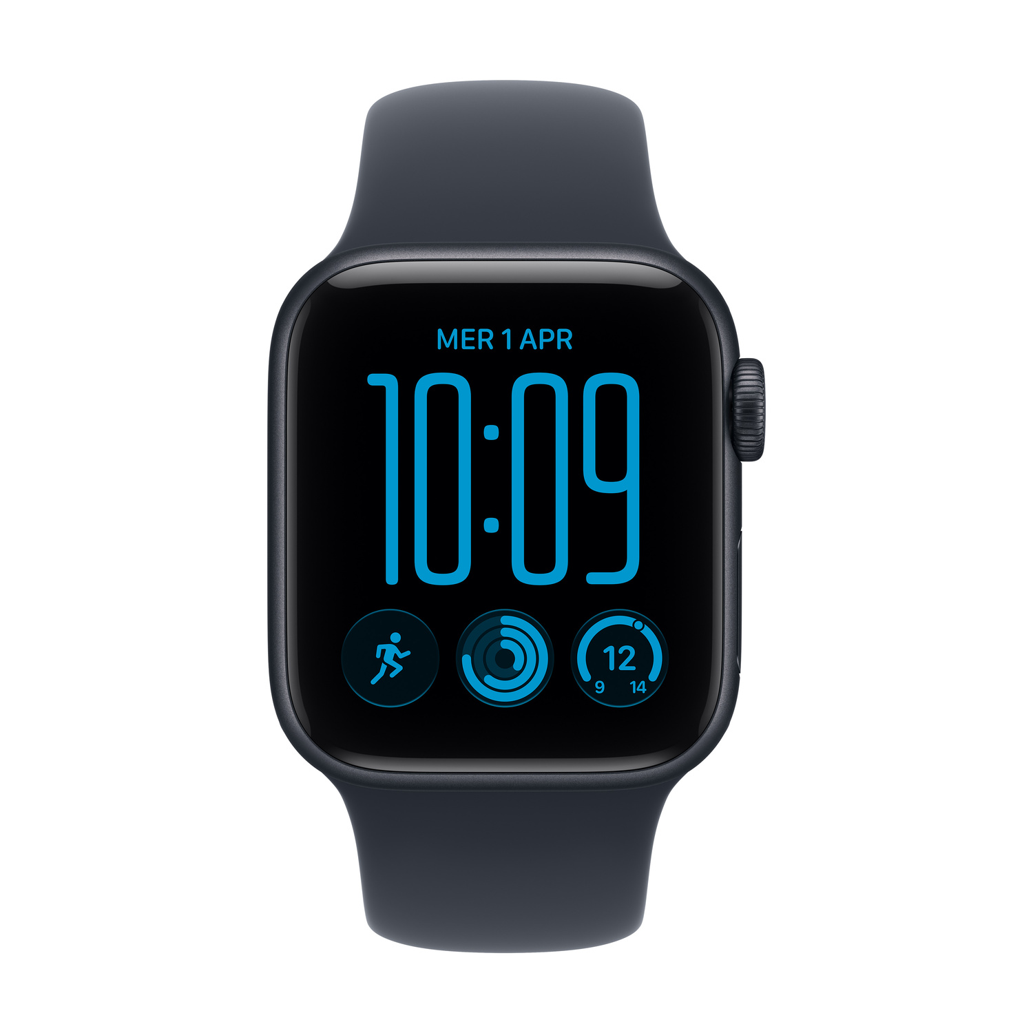 Smartwatch nero con display digitale blu che mostra le 10:09 e gli anelli di attività.