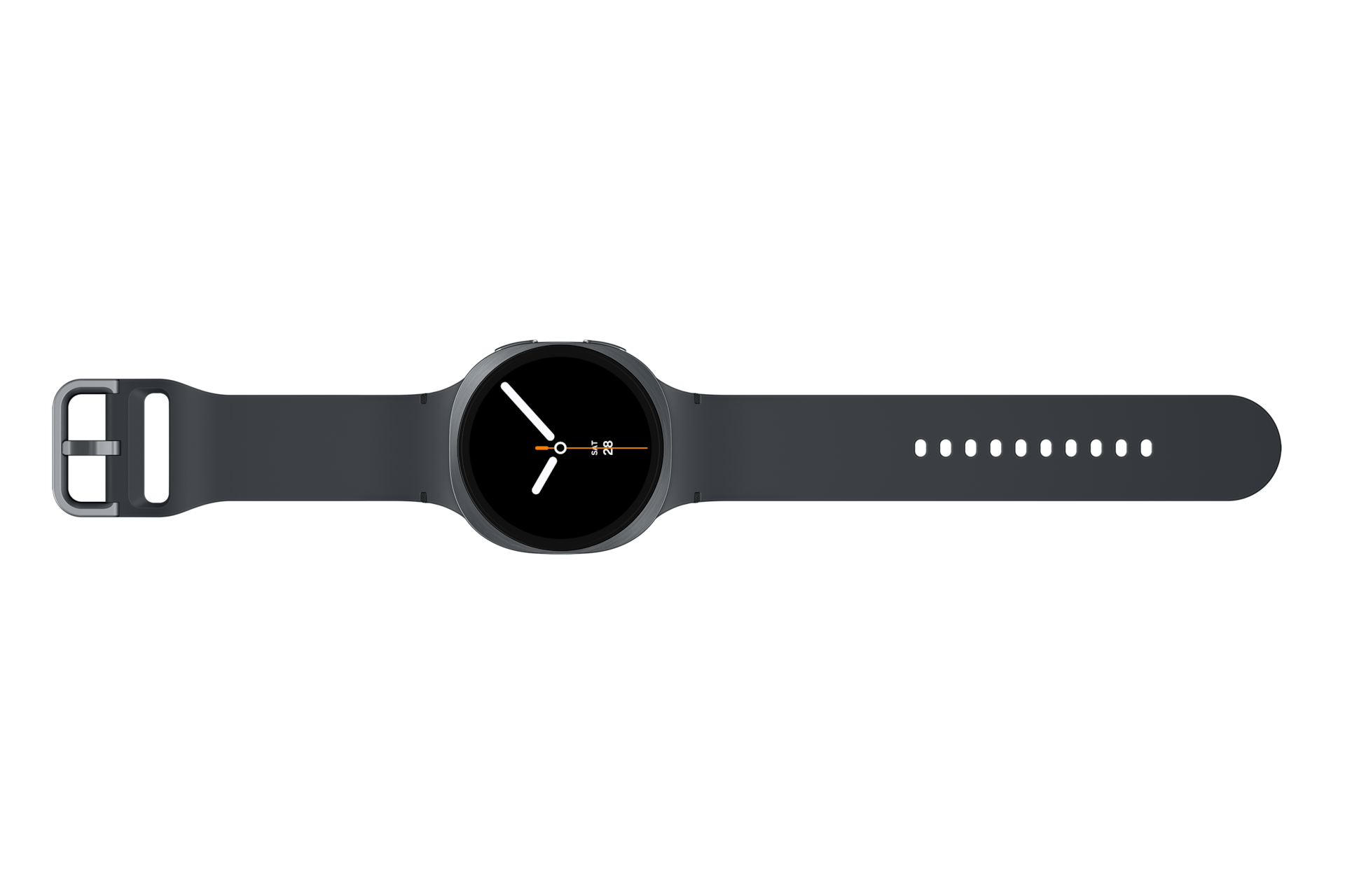 Czarny smartwatch z okrągłą tarczą i silikonowym paskiem na czarnym tle.