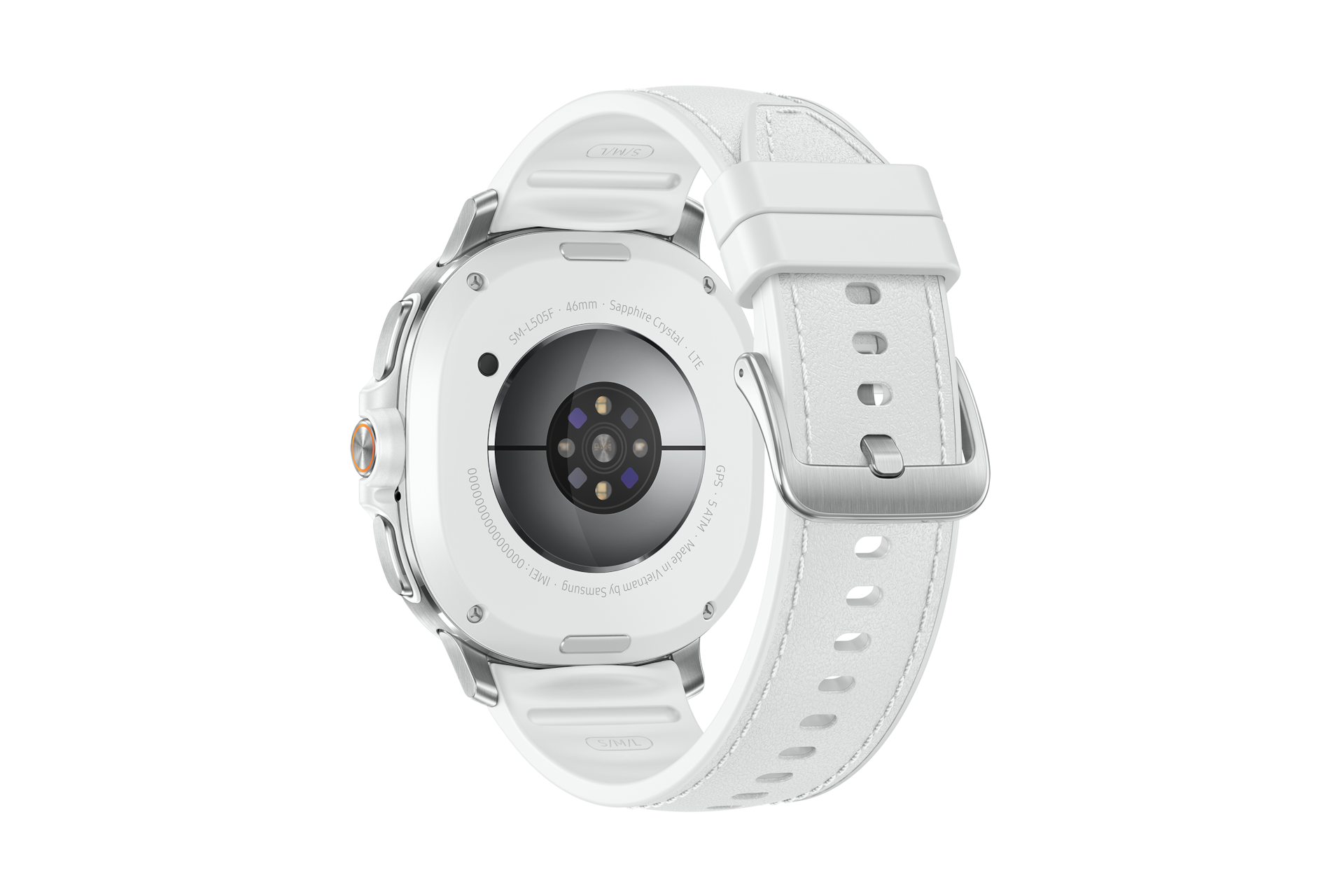 Vista posteriore di uno smartwatch bianco con sensori e cinturino bianco su sfondo nero.