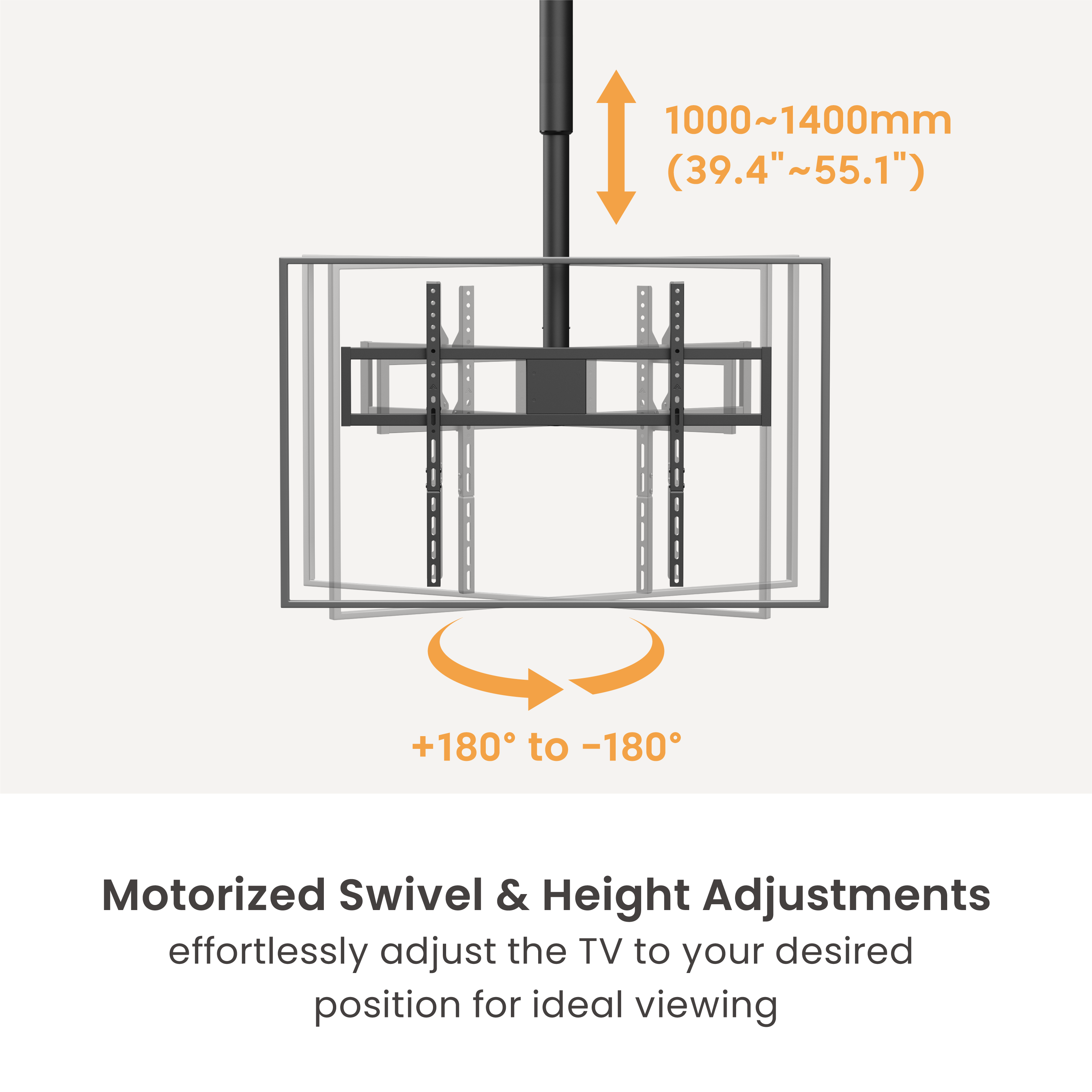 Motorisierter TV-Halter mit 1000-1400mm Höhe und +180 bis -180 Grad Drehung.
